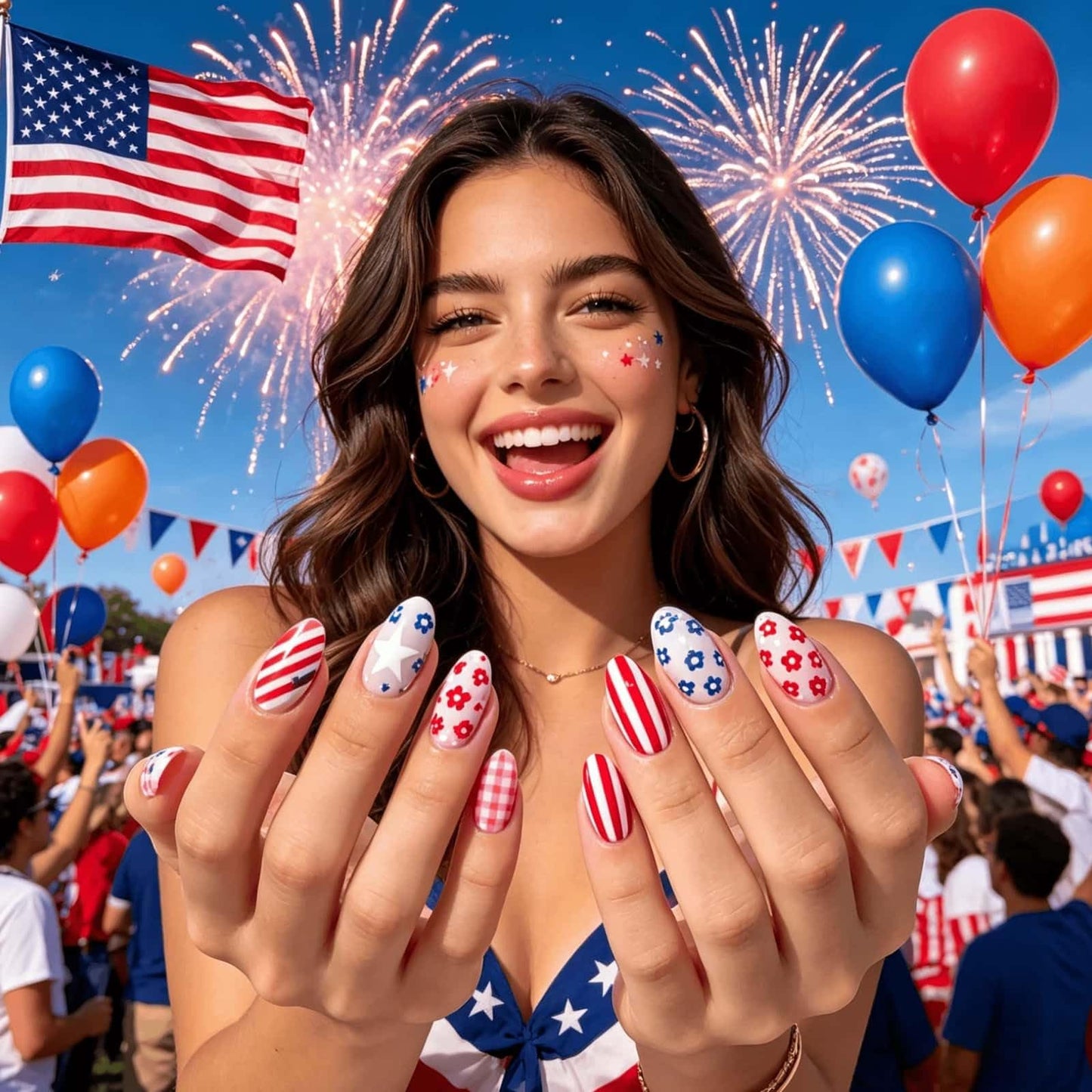 CLYHLTMZ Independence Day Press on Nails Short Almond Fake Nails 4th of July USA Day Glue on Nails Red White Stripes with Flowers Design Glossy Reusable Acrylic Stick on Nails for Women 24 Pcs