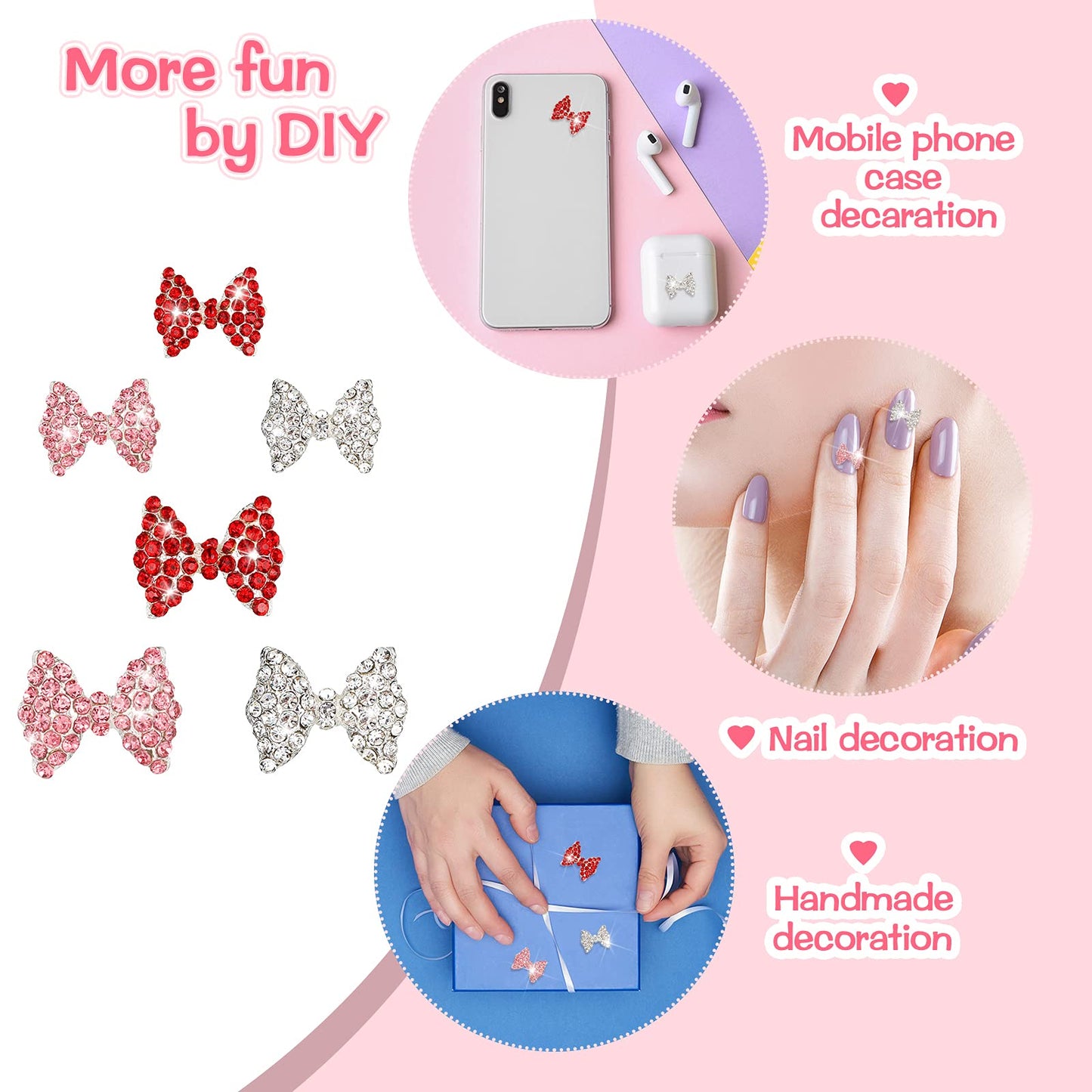 Maitys 24 Pieces Nail Bows Charms Rhinestones 3D Charms Alloy Pearl Bow Knot Accessory for Valentine's Day Women DIY Xmas Salon Jewelry Craft(Red, Gold, Rose Red)