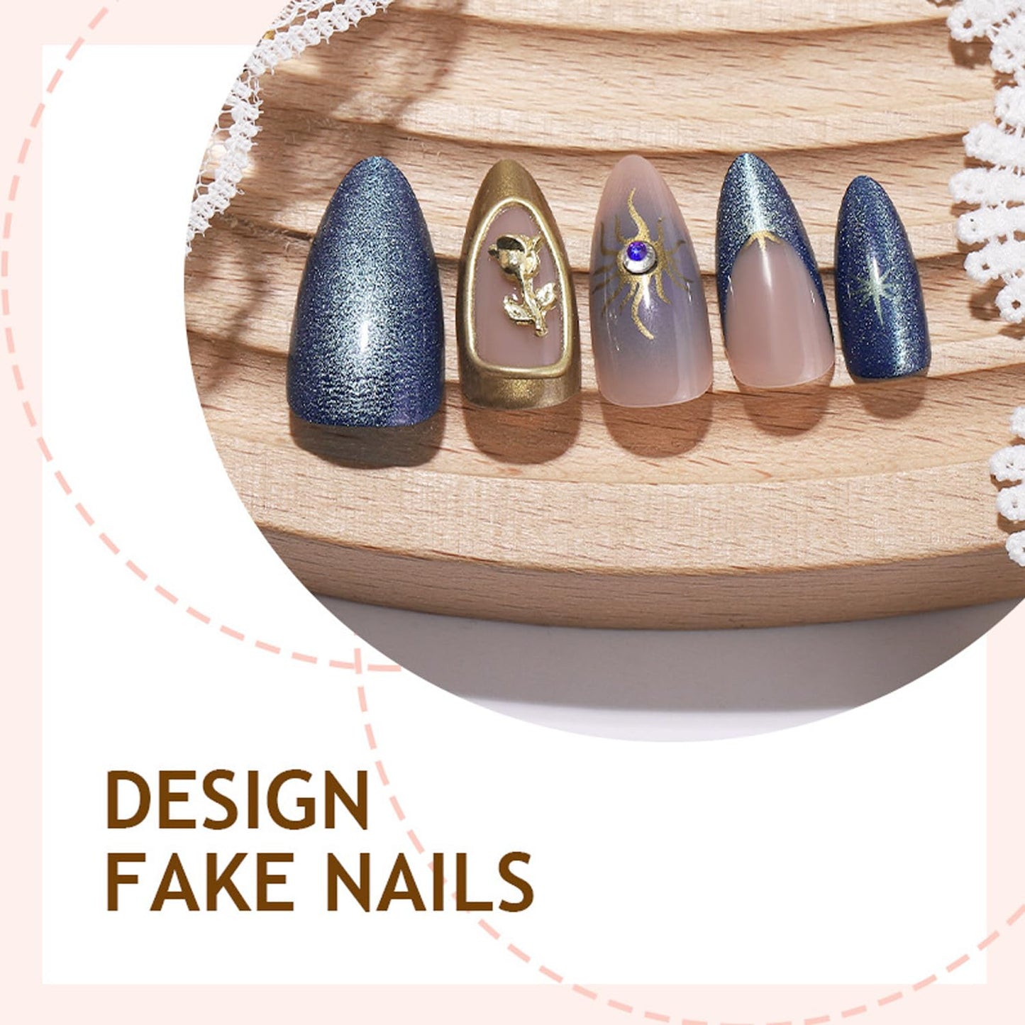 24Pcs Chrome Gold Press on Nails Medium Almond French Fake Nails with 3D Gold Rose Flower Gilded Line Design Sun Star False Nails Blue Glitter Full Cover Heart Glossy Acrylic Stick on Nails for Women