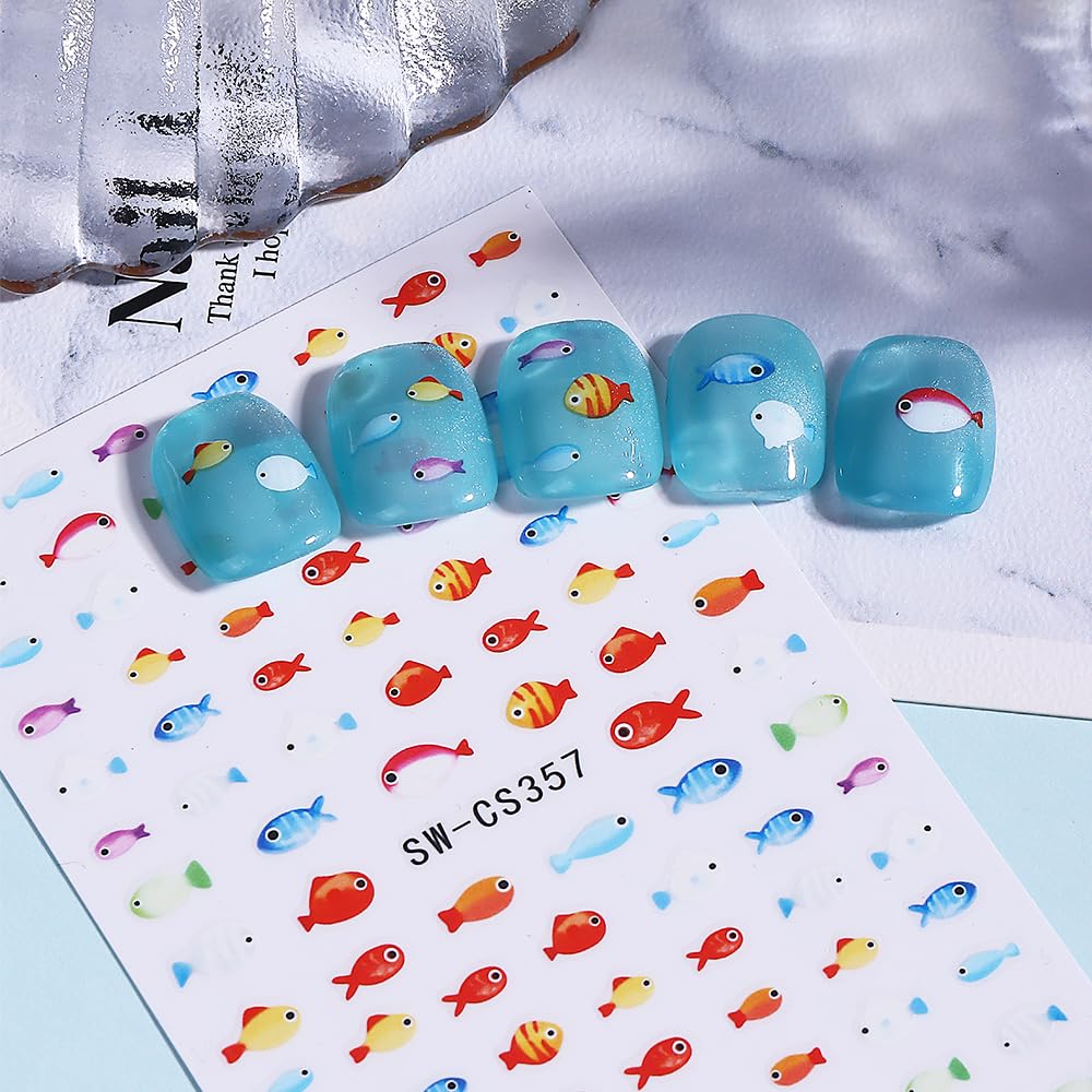 Ocean Fish Starfish Nail Art Stickers Shell Goldfish Nail Art Decals 6Sheets Self-Adhesive Coconut Strawberry Lemon Stickers for Women Summer Ocean Fruit Nail Decorations Nail Art Supplies