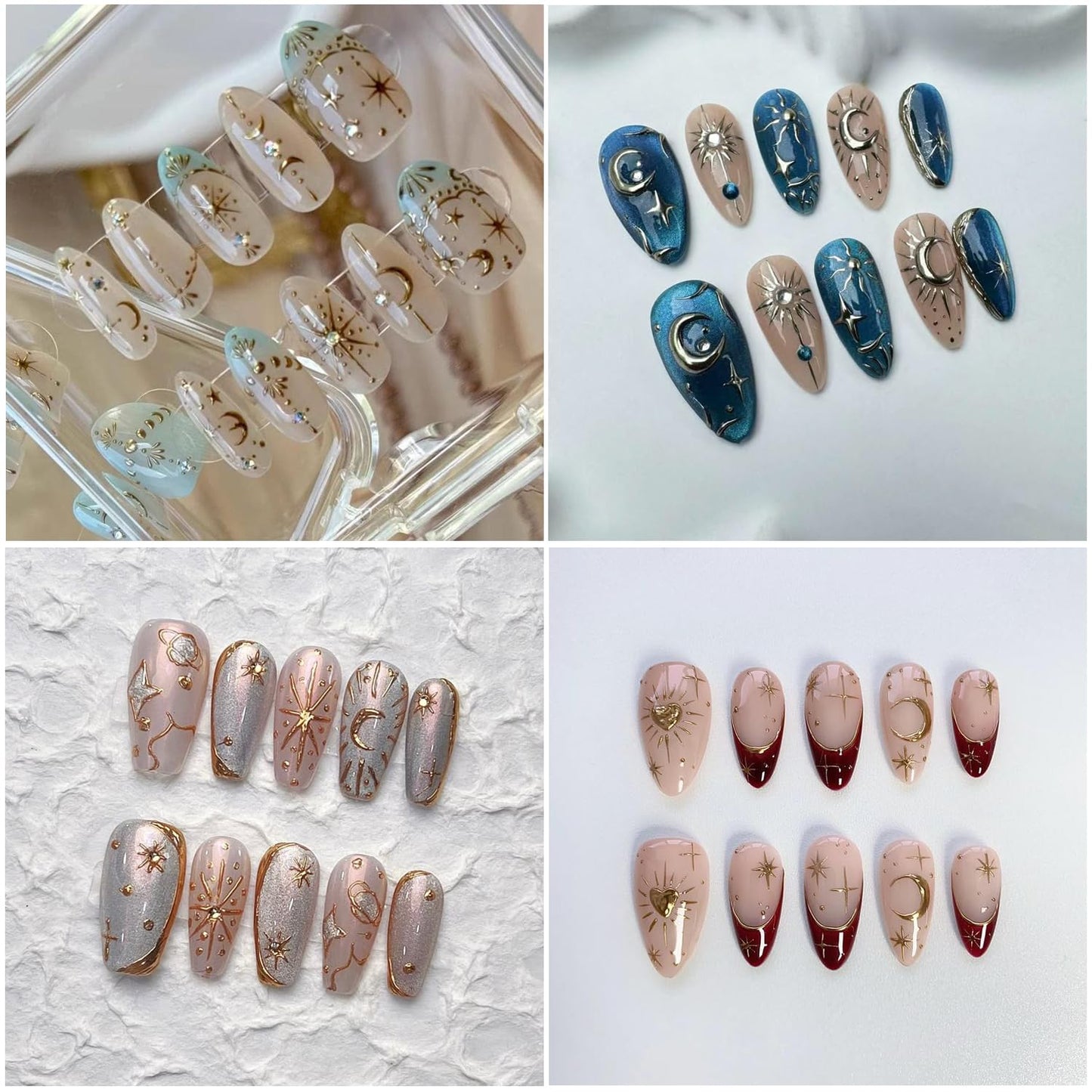 Gold Silver Nail Art Stickers Decals,4Pcs 3D Retro Sun Love Totem Star Moon Heart Designs, Stars Metallic Nail Supplies Embossed Self-Adhesive Slider Stickers for Women's DIY Manicure Decoration