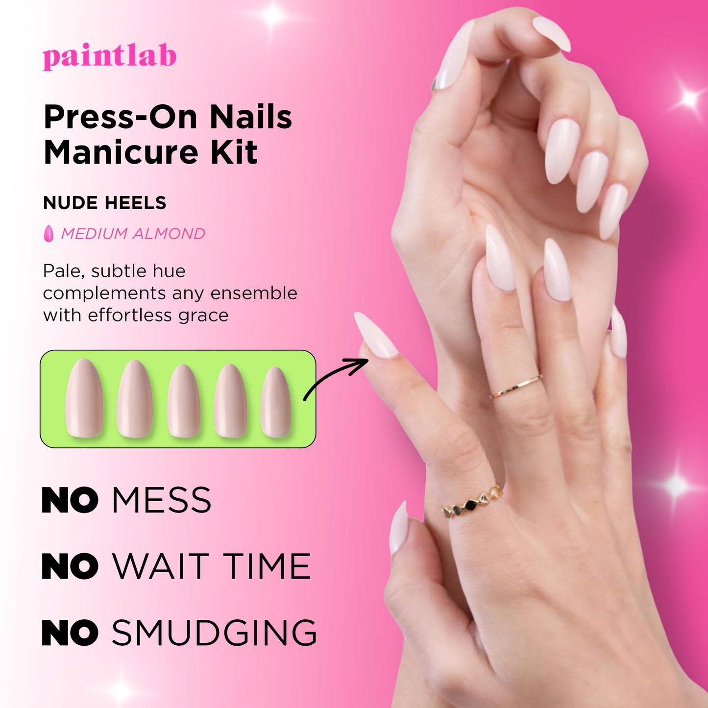 PaintLab Press On Nails - Nude Heels Almond Fake Nails, 24 Nails in 12 Sizes with Glue, Reusable Salon Quality Press On Nails