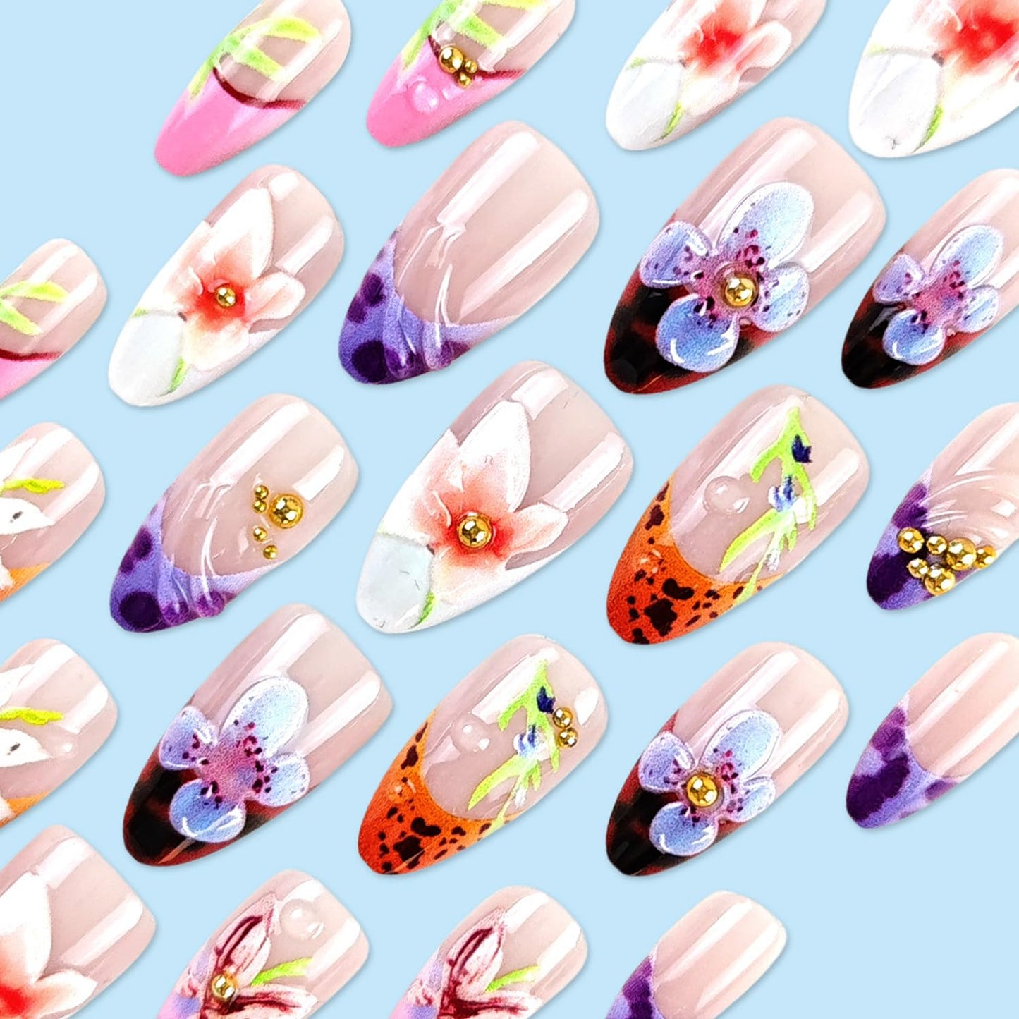 24Pcs Flower Press on Nails Medium Almond French Tip Fake Nails 3D Embossed Diamond Floral Nail Art with Romantic Almond Shape Handmade Stick on Nails French Nails for Women Manicure