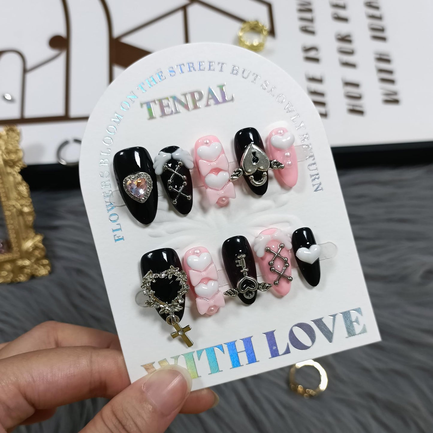 TENPAL 10Pcs Y2K Press On Nails With Tools,Ebony & Pink Almond Fake Nails with 3D Heart Bow & Cross Charms,Glossy Edgy Sweet Cute Nails for Women Girls,Handmade Acrylic Nails for Concert Party(S)