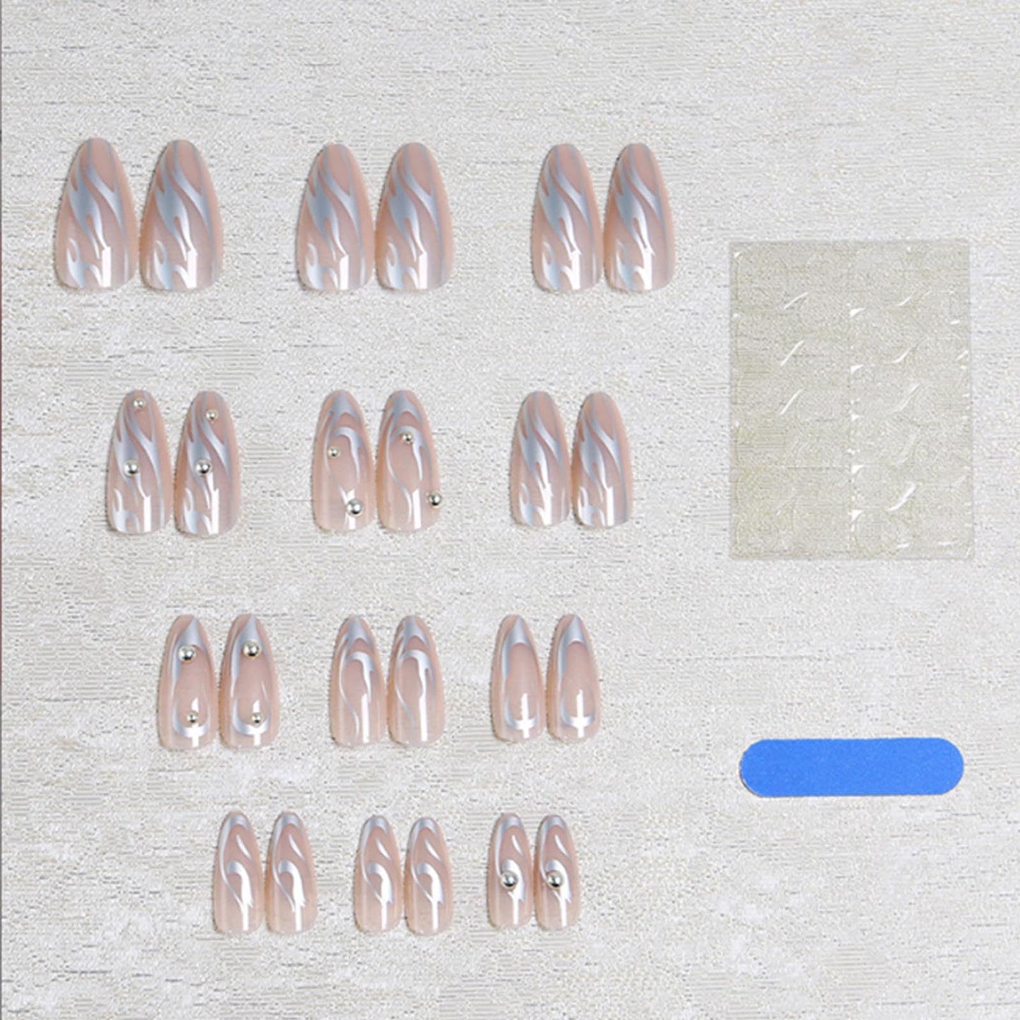Gifiky Nude False Nails Medium Almond Press on Nails Pearl Flame Nails Tips Acrylic Fake Nails for Women and Girls 24Pcs