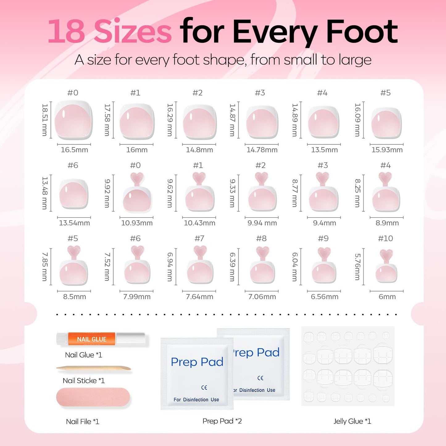 Modelones Press on Toenails Short, Pink French Tip Toe Nails Square, Reusable Nail Kit with Nail Glue Adhesive Tabs Mini Nail File, Toe Nails 36Pcs 18Sizes, Summer Spring Women Girl Gift