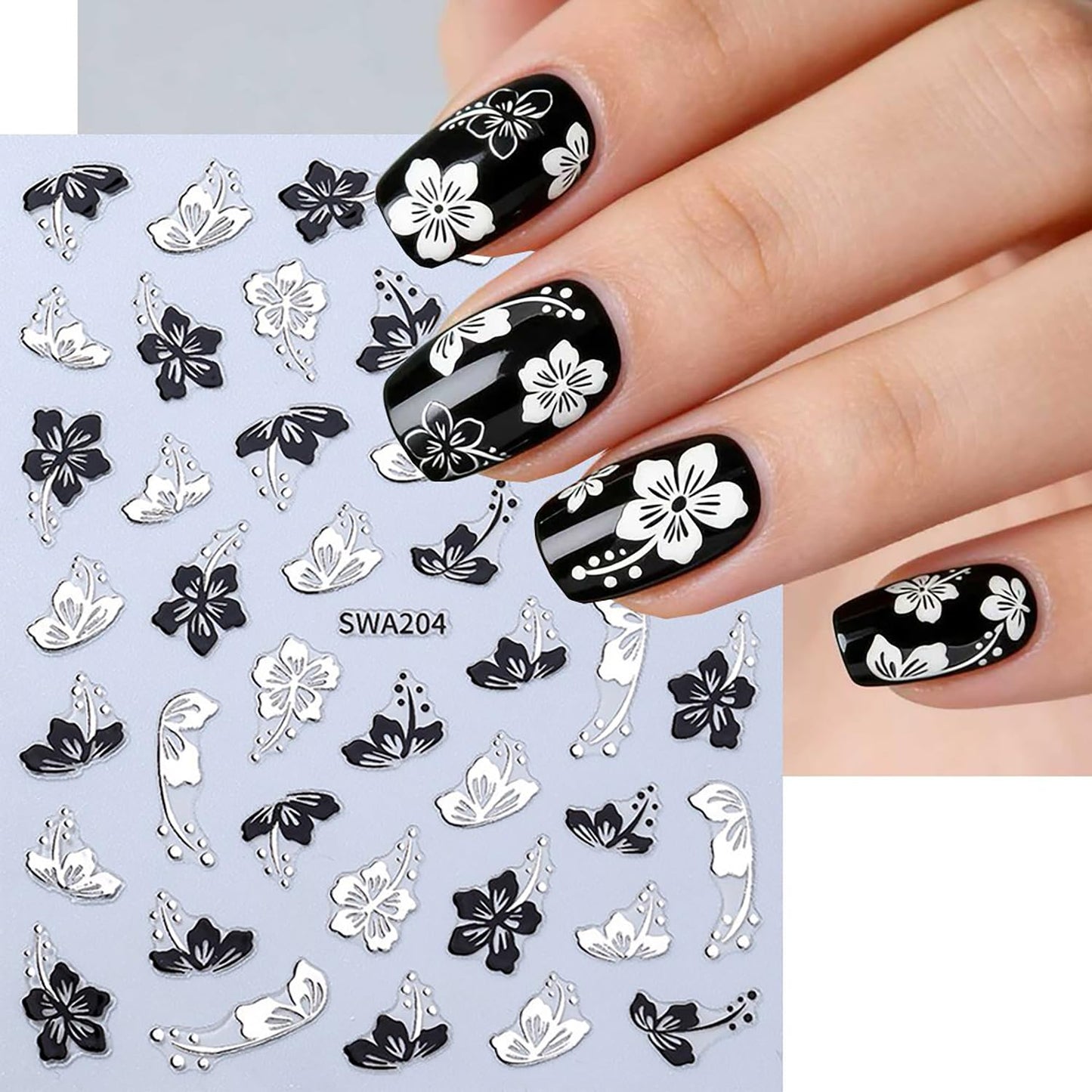 6 Sheets Flower Nail Art Stickers 3D Self -Adhesive Hibiscus Nail Decals Holographic Gold Silver Black Hibiscus Floral Nails Stickers for Women Spring Summer Acrylic Nails Decoration Supplies