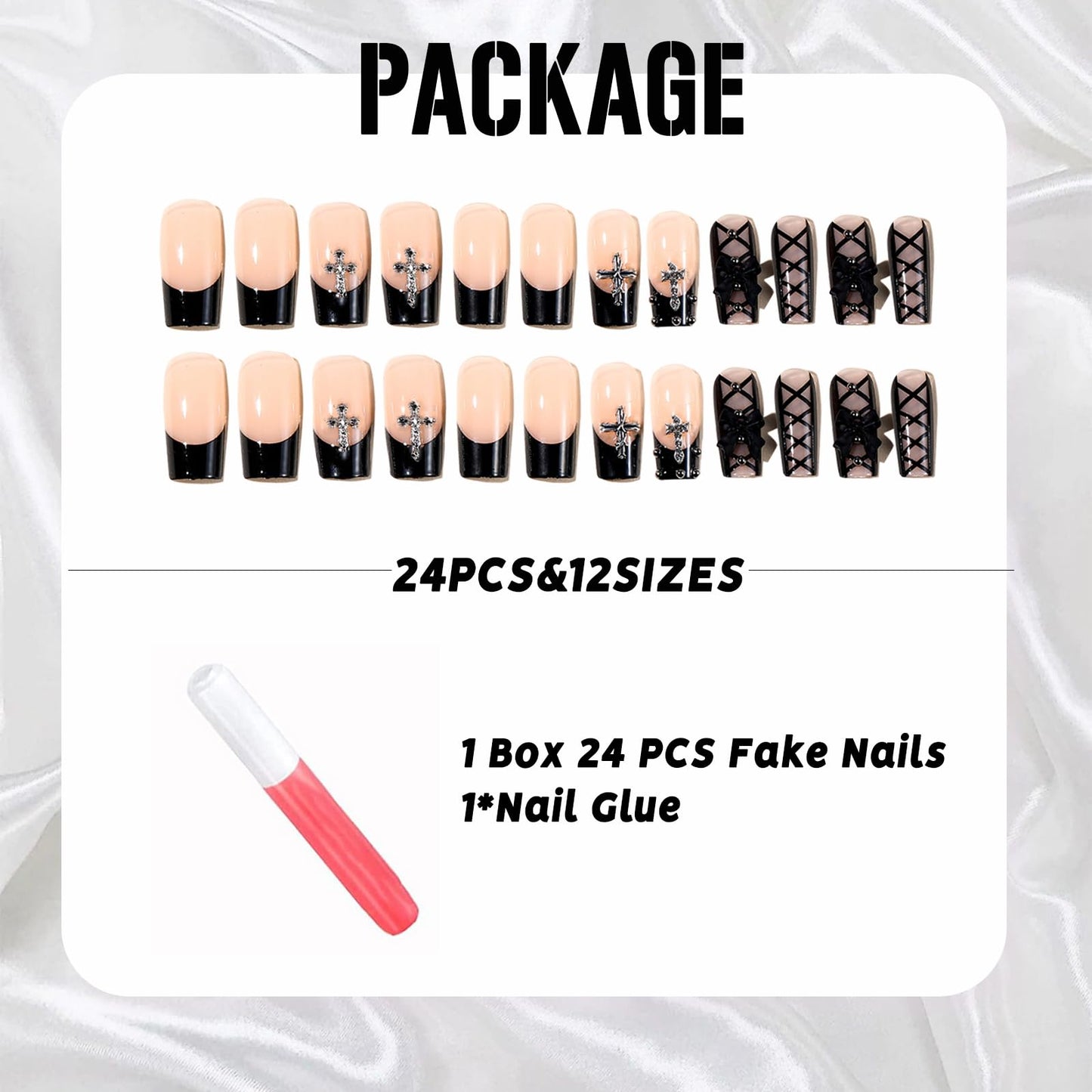 IMSOHOT Black French Press on Nails Long Square Fake Nails Acrylic Nude False Nails with Bow & Cross Design Full Cover Stick on Nails Glossy Glue on Manicure Kit for Women 24Pcs