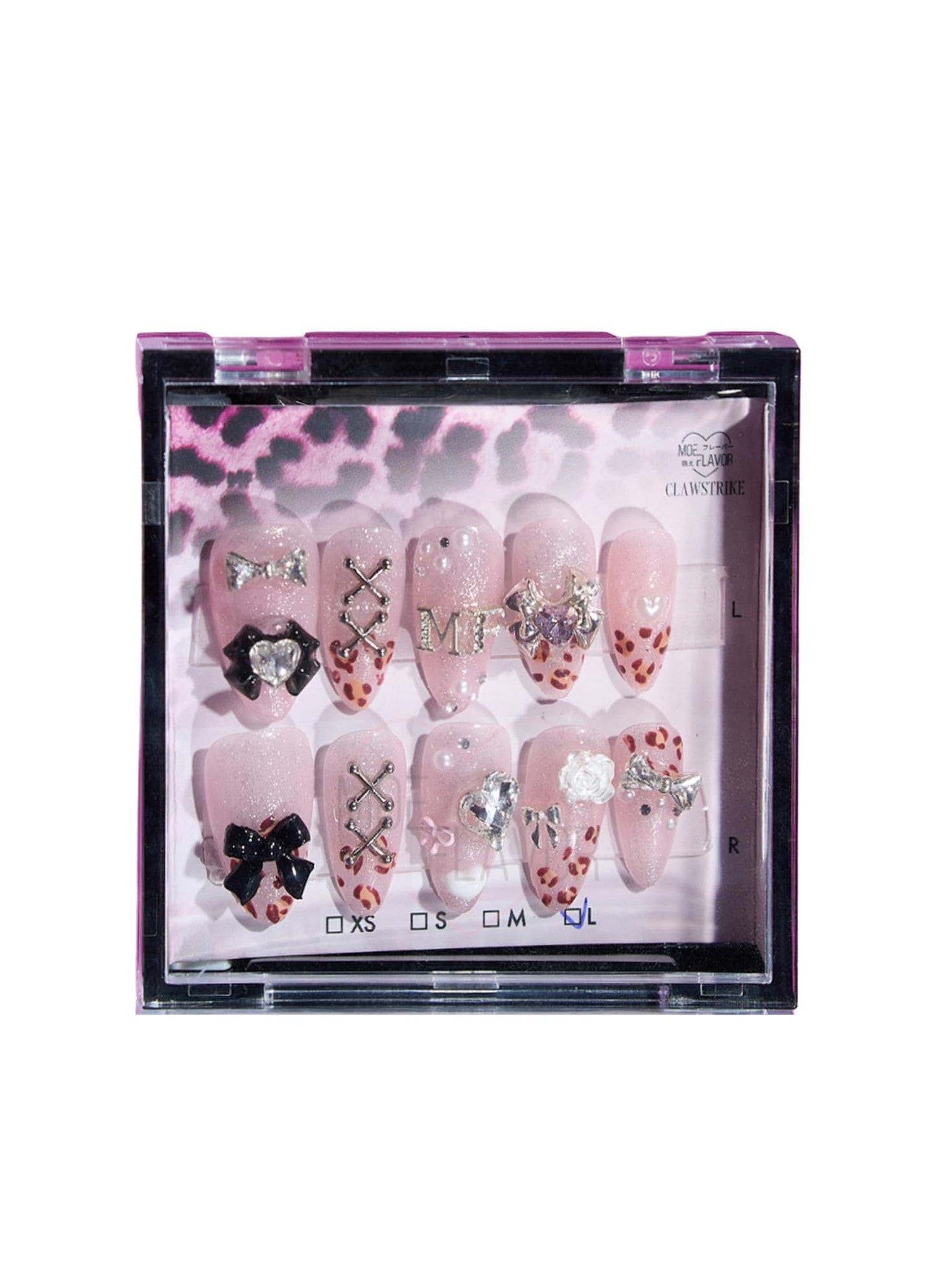 Gyaru Glam Leopard Print Press-On Nails – Kawaii Cosplay Nails with Glitter, Bows & Charms - Costume Accessory (Gyaru, L)