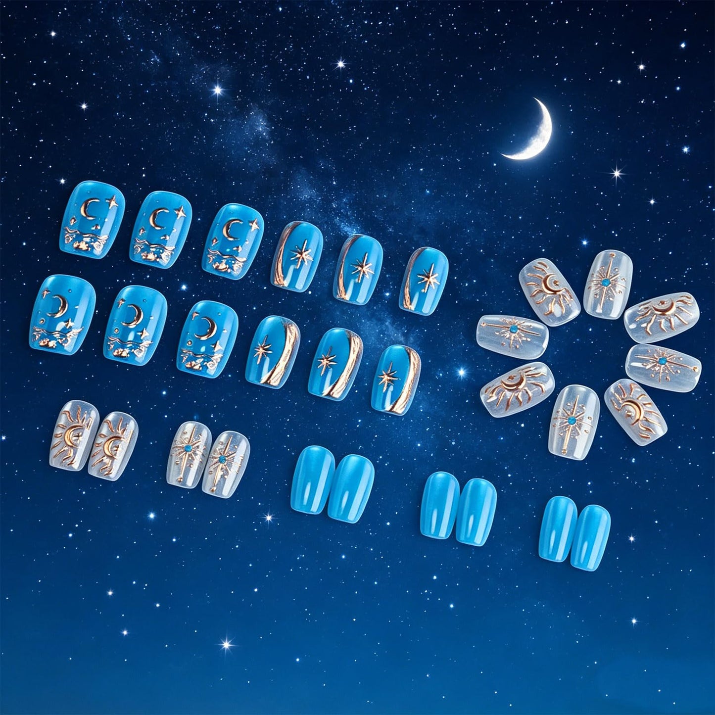 3D Moon Star Press on Nails with Celestial Design Glossy Gold Fake Nail Sparkly Blue Short Square False Nails Starry Sky Glue on Artificial Fingernails Summer Stick on Nail for Women Daily Wear