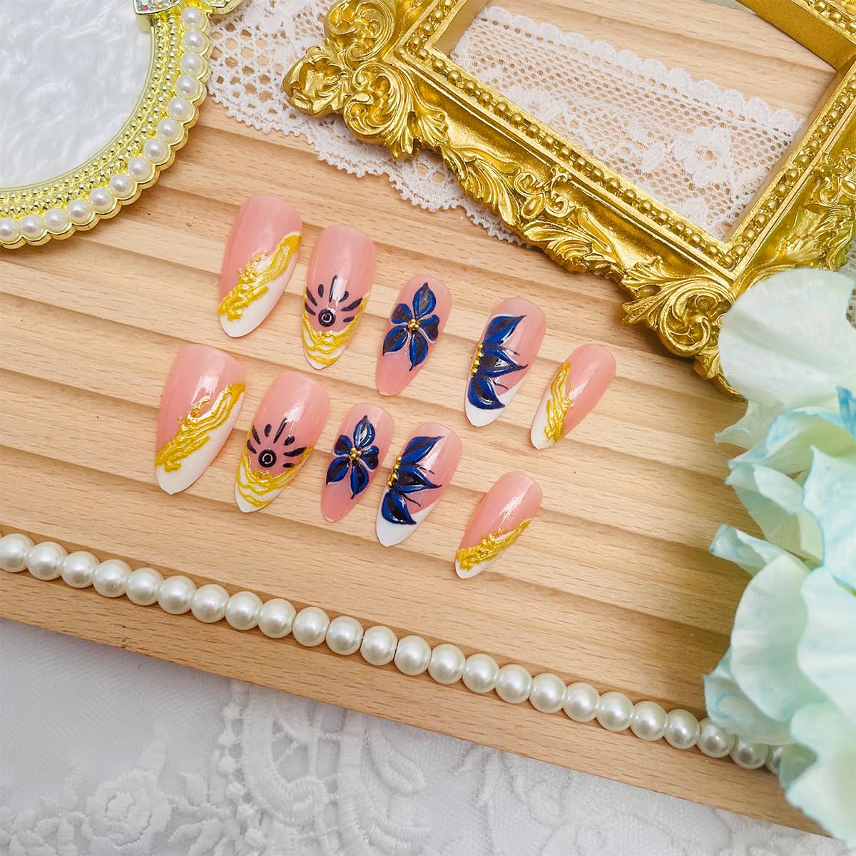 24Pcs Blue Floral Press on Nails Almond Shape Chrome Gold French Tip Fake Nails Medium Length Artificial Nails Flowers Acrylic Nails Full Cover Stick on Nail for Women Wedding Party Daily DIY Nail Art
