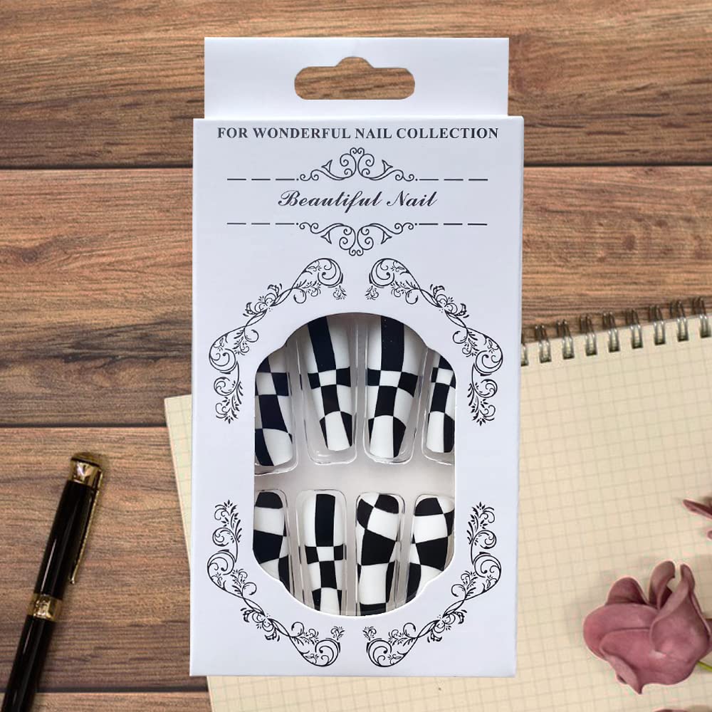 24Pcs Coffin Press on Nails Long Black White Fake Nails with Nail Glue Glossy Checkerboard Ballerina False Nails Acrylic Nails Tips Supplies for Women and Girls Nail Decorations