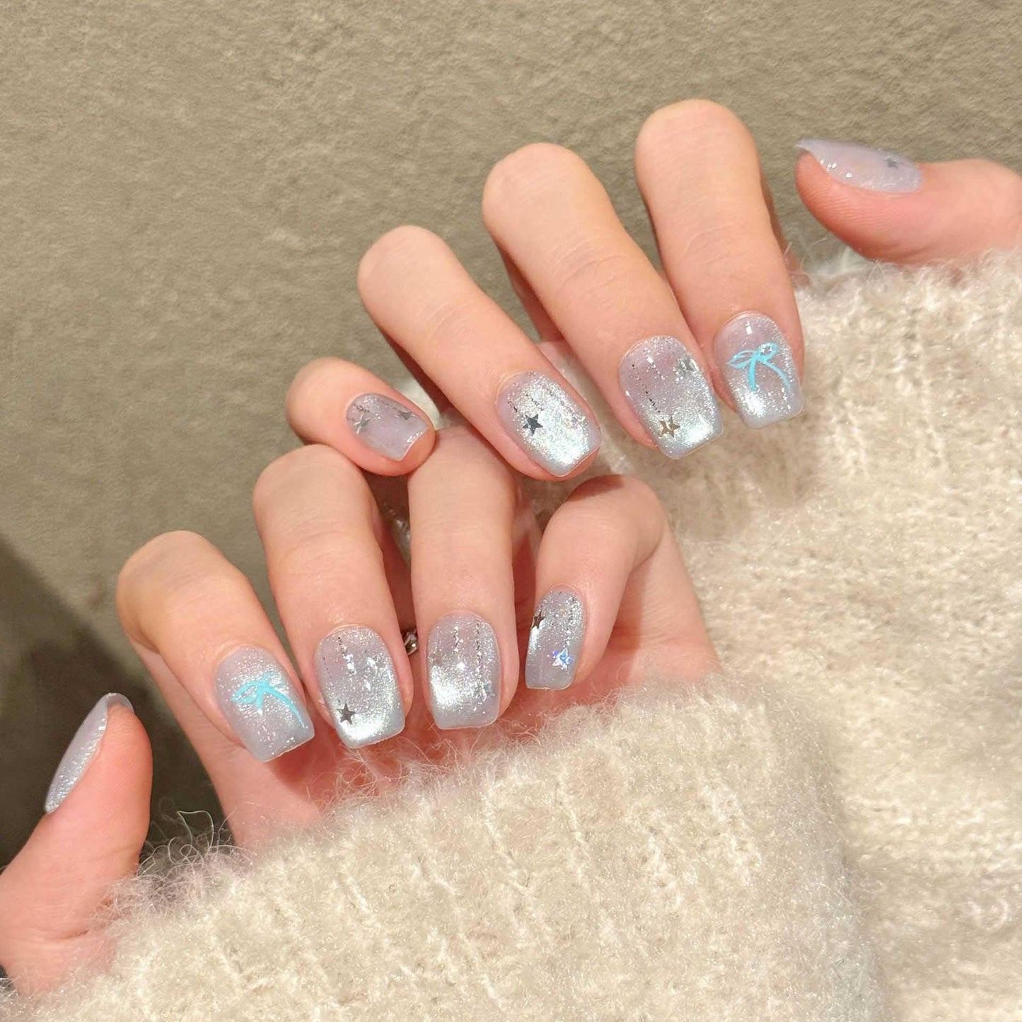 10Pcs Short Square Handmade Press On Nails | Easy Apply & Remove, Reusable Salon Quality Nails | Dreamy Glitter Fake Nails with 3D Star & Bow Accents (RR05, XS)