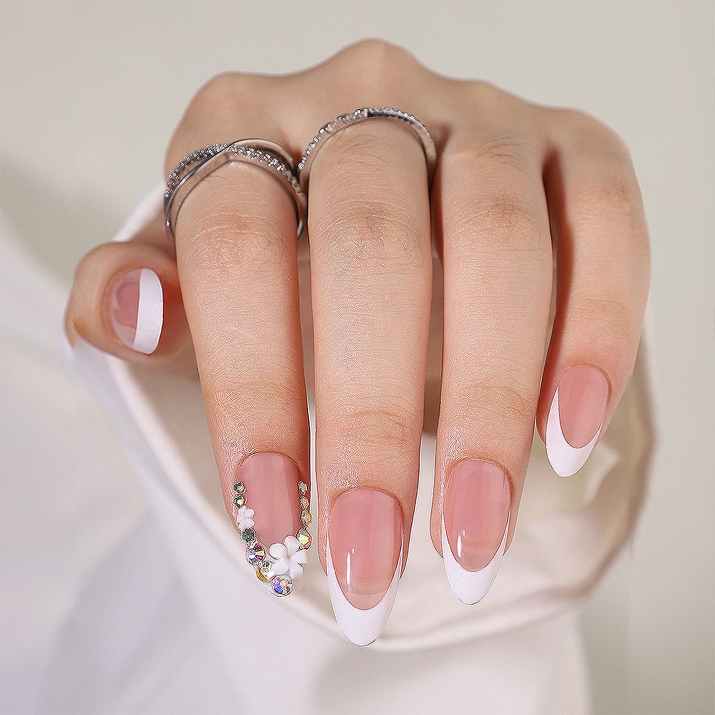 FJSMTOPl 3D Flower Press on Nails Almond Fake Nails Press ons French Tip False Nails with Desgins Rhinestones Acrylic Glue on Nails Artificial Stick on Nail for Women Manicure 24Pcs