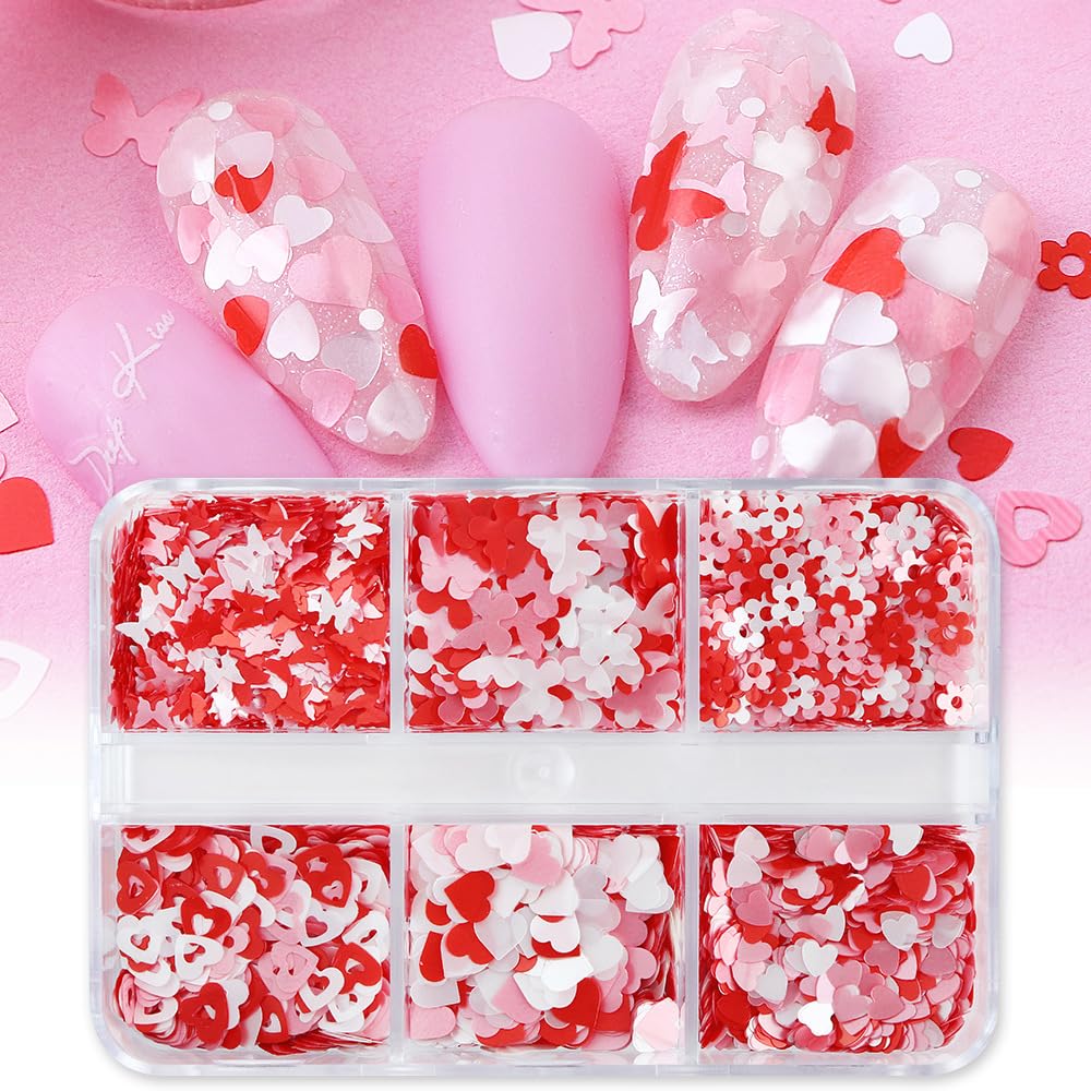 18Grids Valentine's Day Nail Art Glitter Sequins Kits 3D Heart Nail Glitters Valentine Nail Stickers Decal for Shining Flakes Red Pink Purple Heart Shaped Nail Design for Manicure Charms Decorations