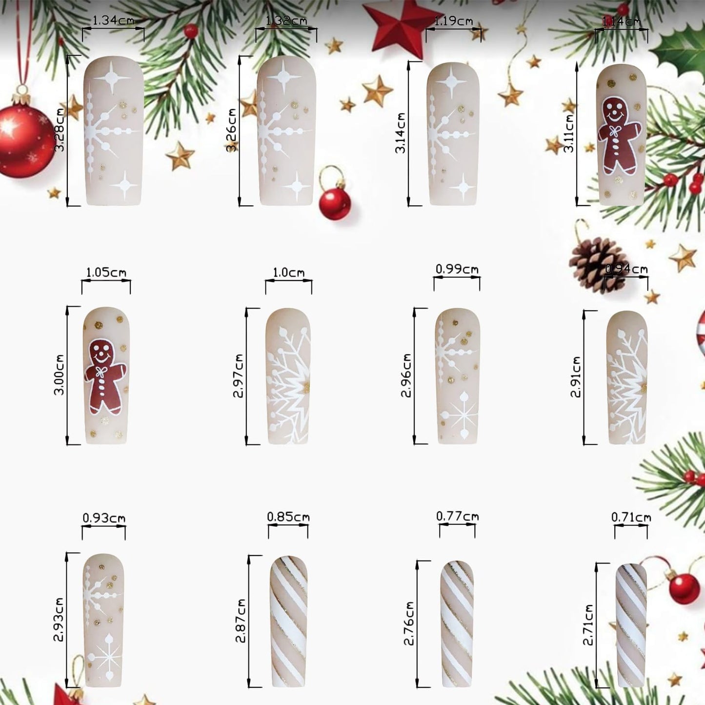 Cute Gingerbread Man Press on Nails Snowflake Stick on Fingernails Glossy Gold Glitter Acrylic Fake Nail Christmas Long Square False Nails 24Pcs Curve Line Gel Glue on Nail for Women Xmas Gift