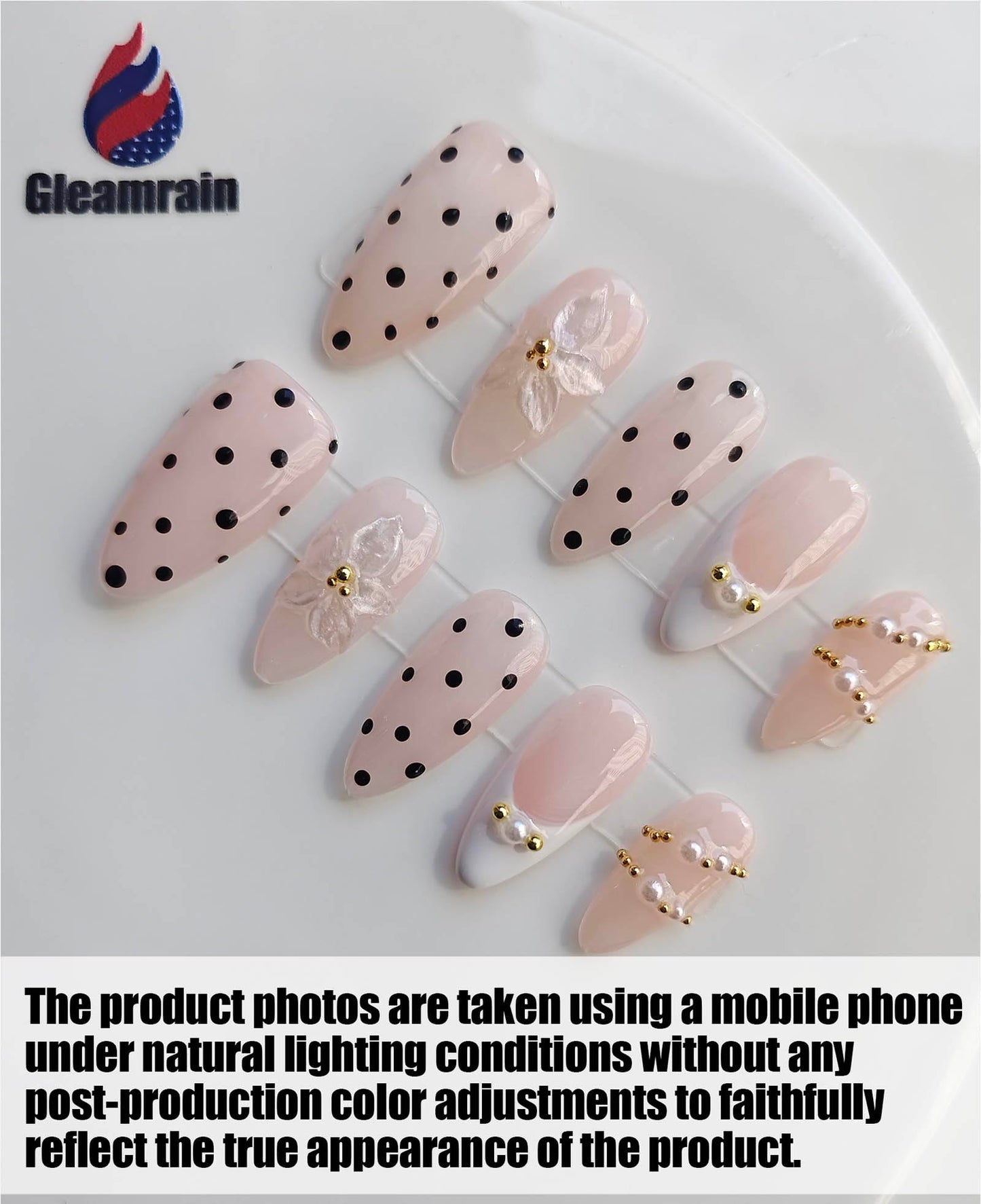 Gleamrain 10pcs Almond Handmade Press-on Nails, Medium French Tip (M Size) - With Flower and Polka Dots Design, Pink,Suitable for Women Girls for Daily, Parties, Holidays and Proms,D201