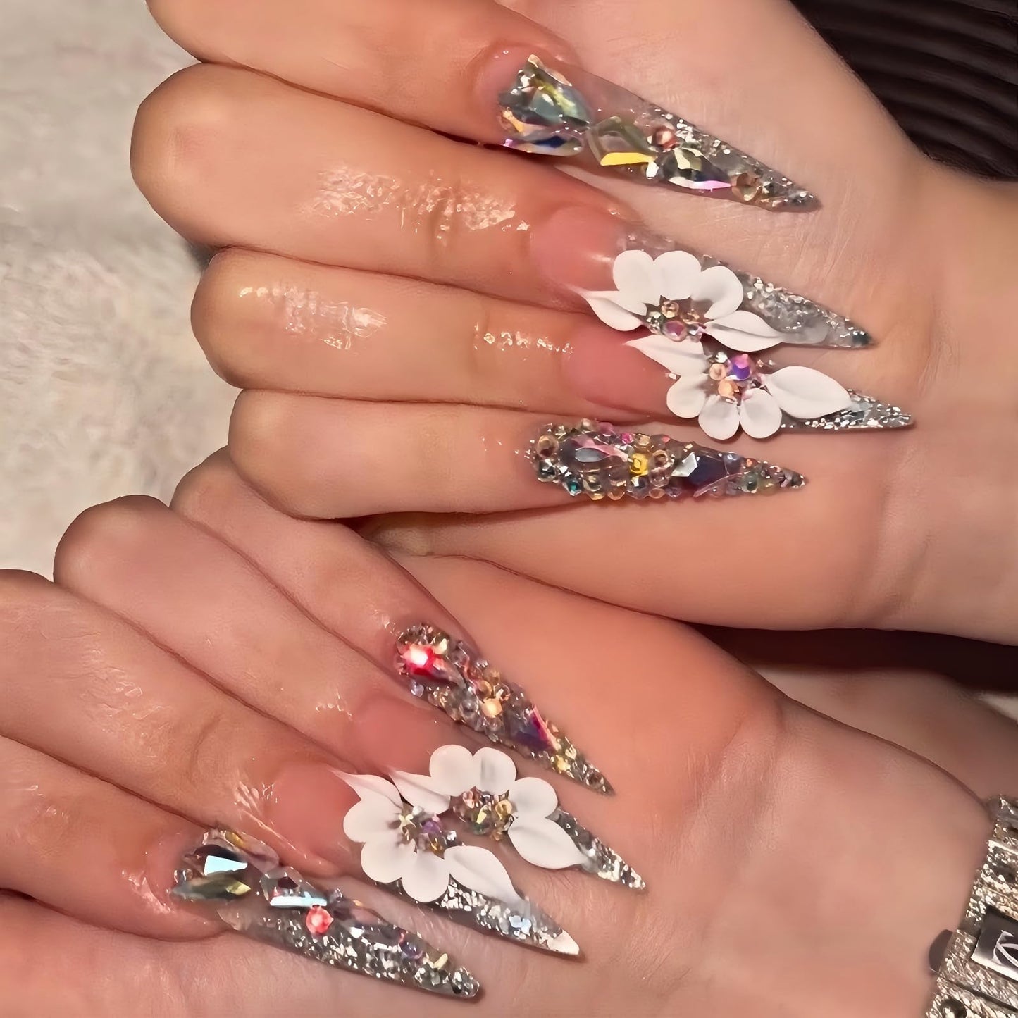 Long Handmade Press on Nails Almond Tip False Nails Summer 3D Flowers Nails Press Ons with Full Diamond Design Reusable Fake Nails Luxury Full Cover Stick on Nail for Women Manicure 10Pcs (Size M)
