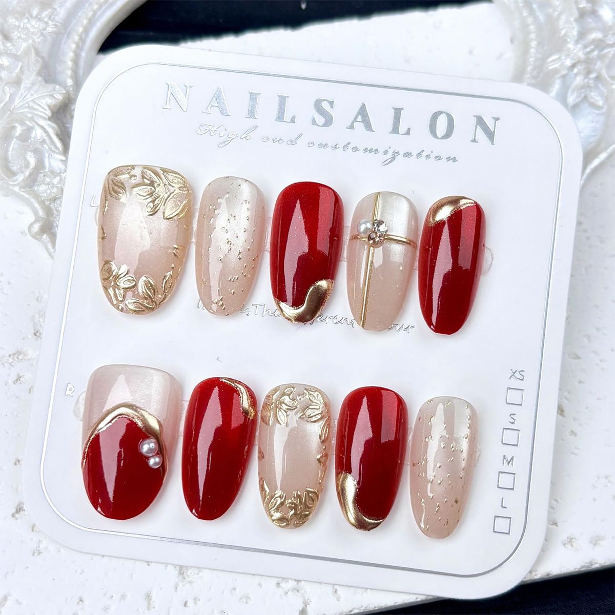 24Pcs Gold Flower Press on Nails Short Almond Fake Nails with 3D Pearl Floral Design Red Cats Eyes Glitter False Nails Reusable Acrylic Stick on Nail for Women Manicure Wedding Party Holiday Nail Art