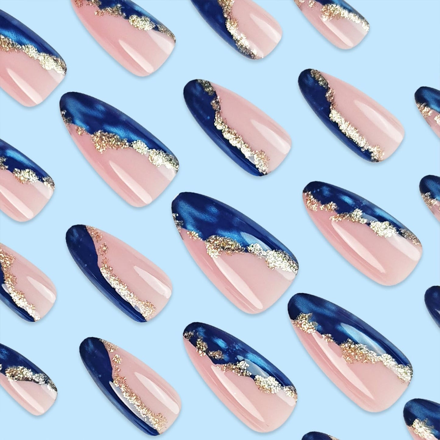 Gold Foil Blue Marble Fake Acrylic Nails Medium Almond Press on Nails Mirror Artificial Glue on Nails Full Cover Reusable False Nails for Women Girls DIY Nail Art