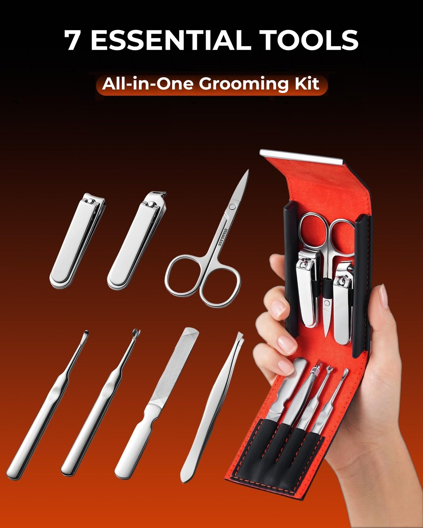 Xiaoshuang Nail Clipper Set 7 in 1, Precision Manicure Kit with Magnetic Leather Case, Mirror-Polished Stainless Steel Tools for Fingernail & Toenail, Daily Grooming Kit for Men & Women