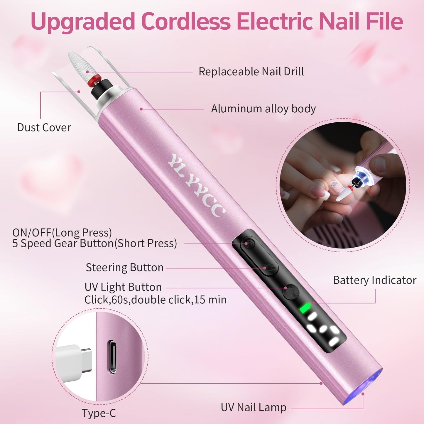 YLYYCC Cordless Nail Drill Electric File with UV Nail Lamp: Professional for Acrylic Gel Dip Powder Nails Portable Nail Drill Machine Kit for Manicure Pedicure Nail Set Rechargeable Lightweight
