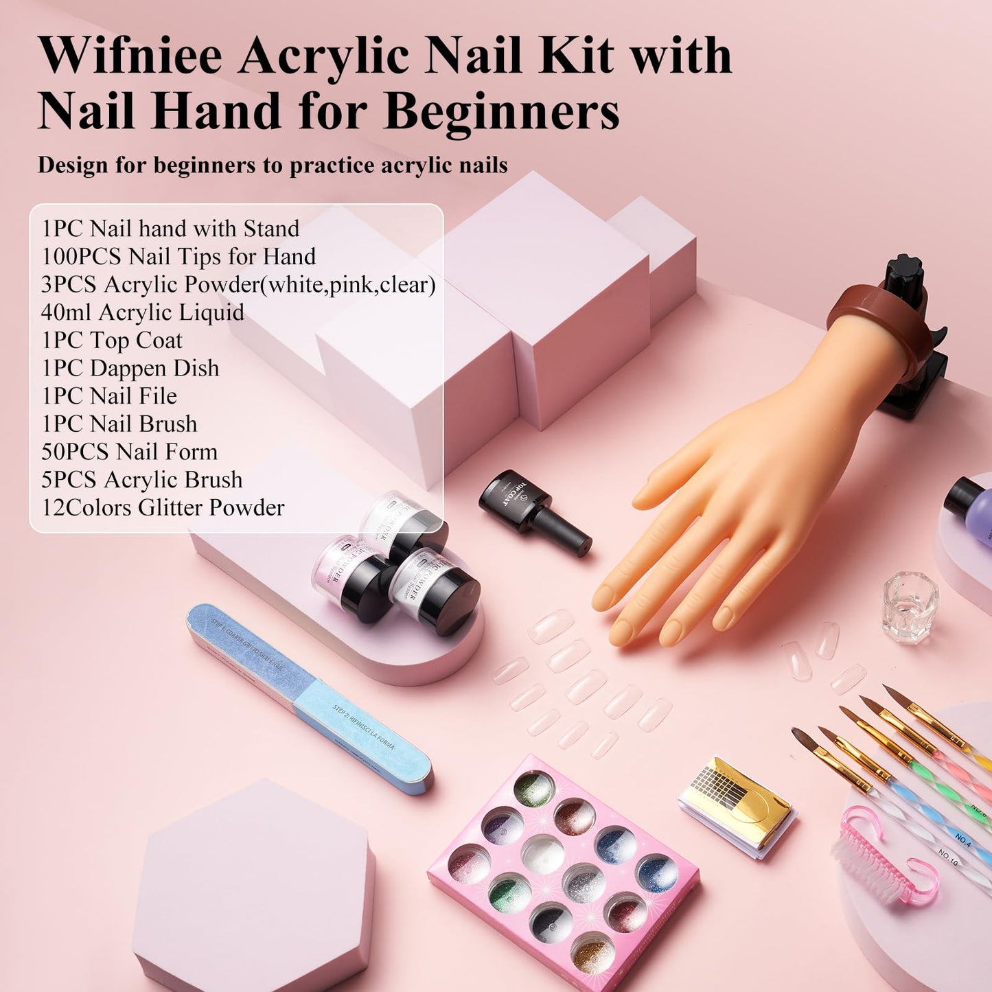 Practice Hand for Acrylic Nail: Fake Hand with Stand Nails Kit Acrylic Set - Professional Nail Mannequin Hand for Beginners Salon