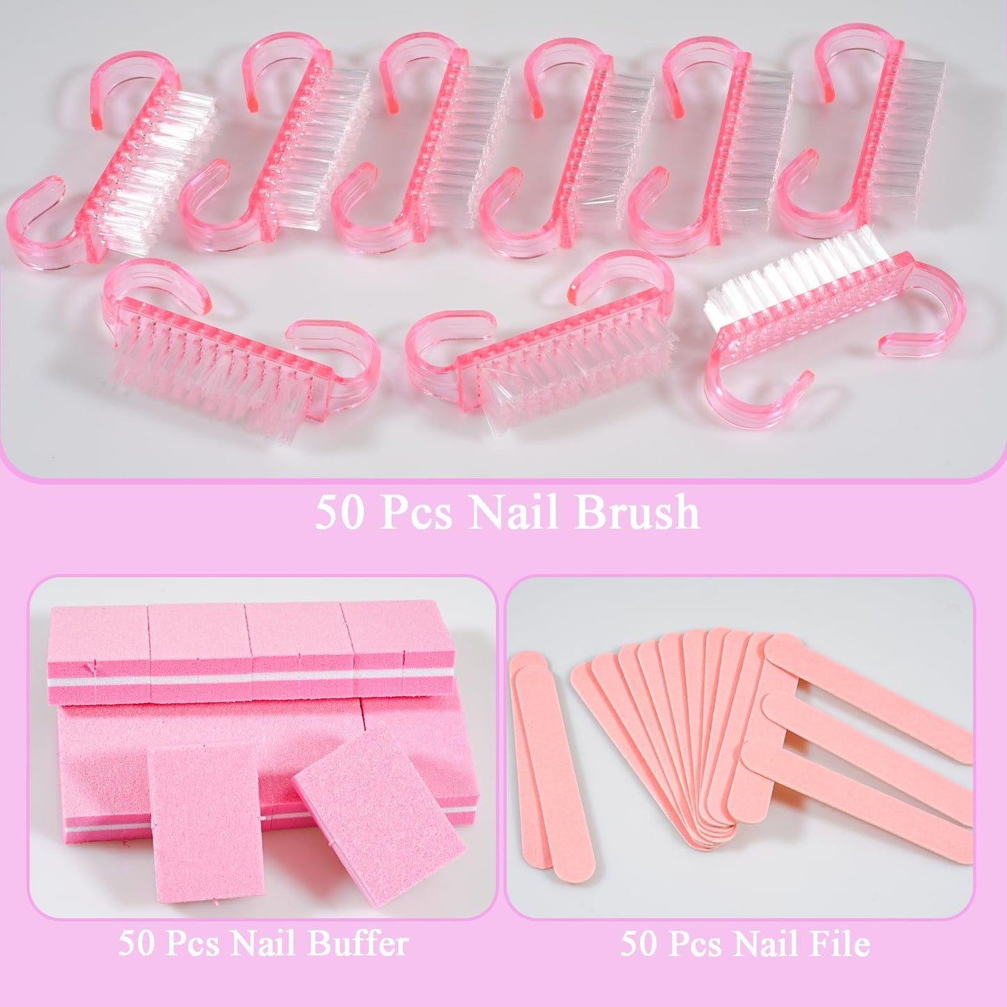 Disposable Manicure Kit Professional, 50 Set Press On Nail Tool Kit with Nail File, Nail Buffer, Nail Buffer Block, Nail Handle Brush, Wood Stick, Packaging Bag (Pink-50pcs)