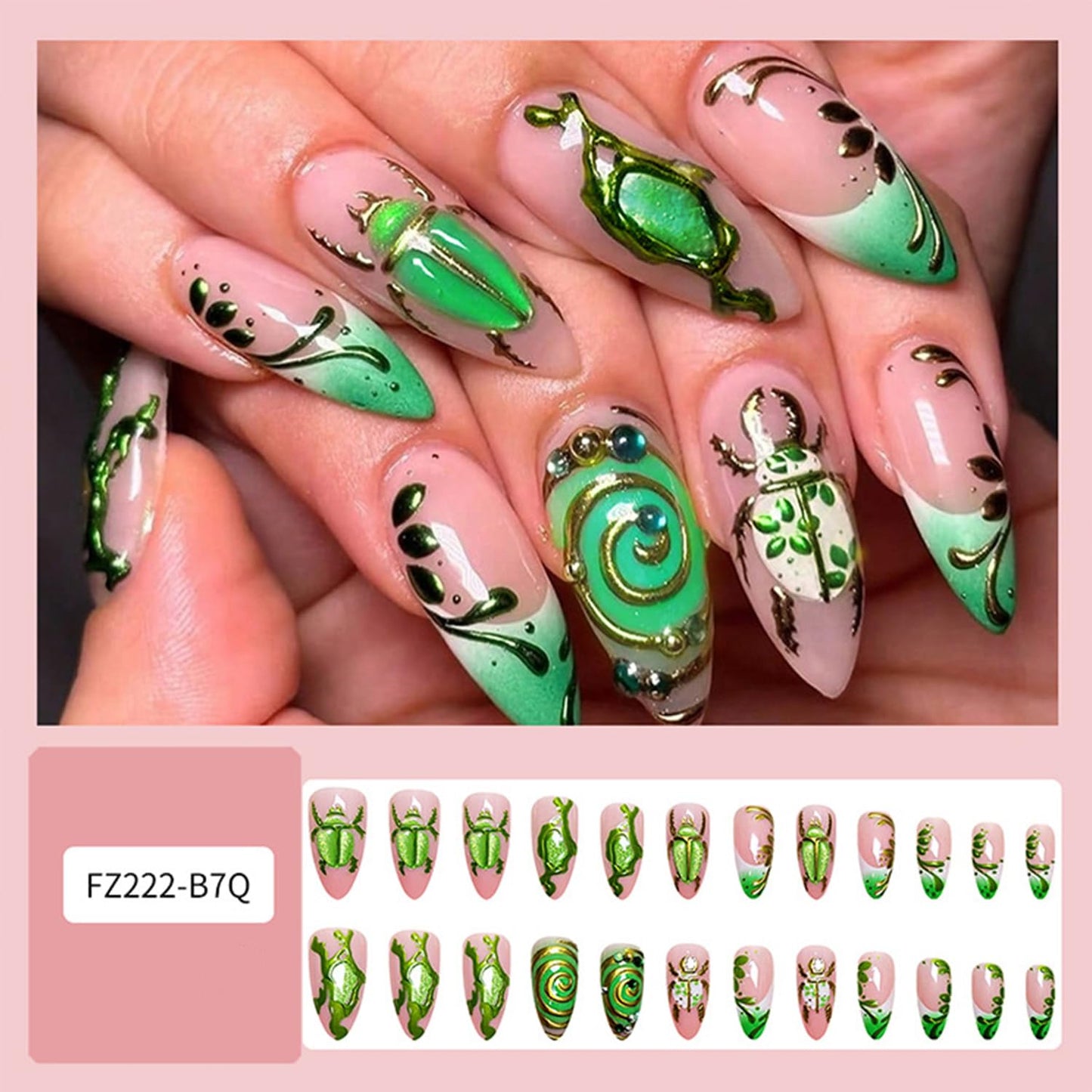 CJDLTS Pink Press on Nails Almond Shaped Artificial Acrylic French Gradient Fake Nails Green Golden Turtle with Metal Lines Long Design Glue on Nail Artificial Fingernails for Women Manicure 24Pcs