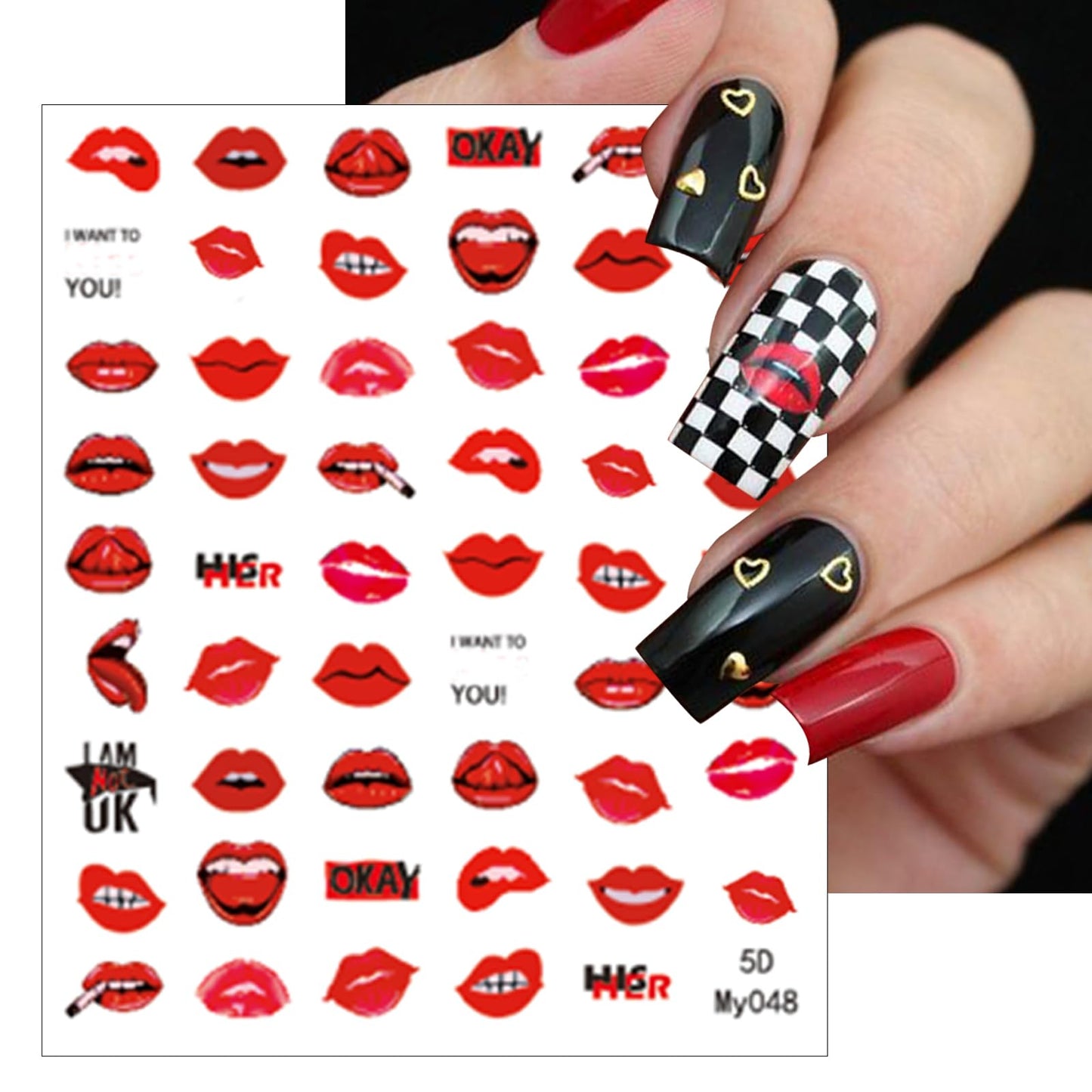 3 Sheets Embossed Valentine's Day Lips Nail Art Stickers 5D Self-Adhesive Sexy Red Lips Nail Decals Suitable for Women's Nail Art Decoration