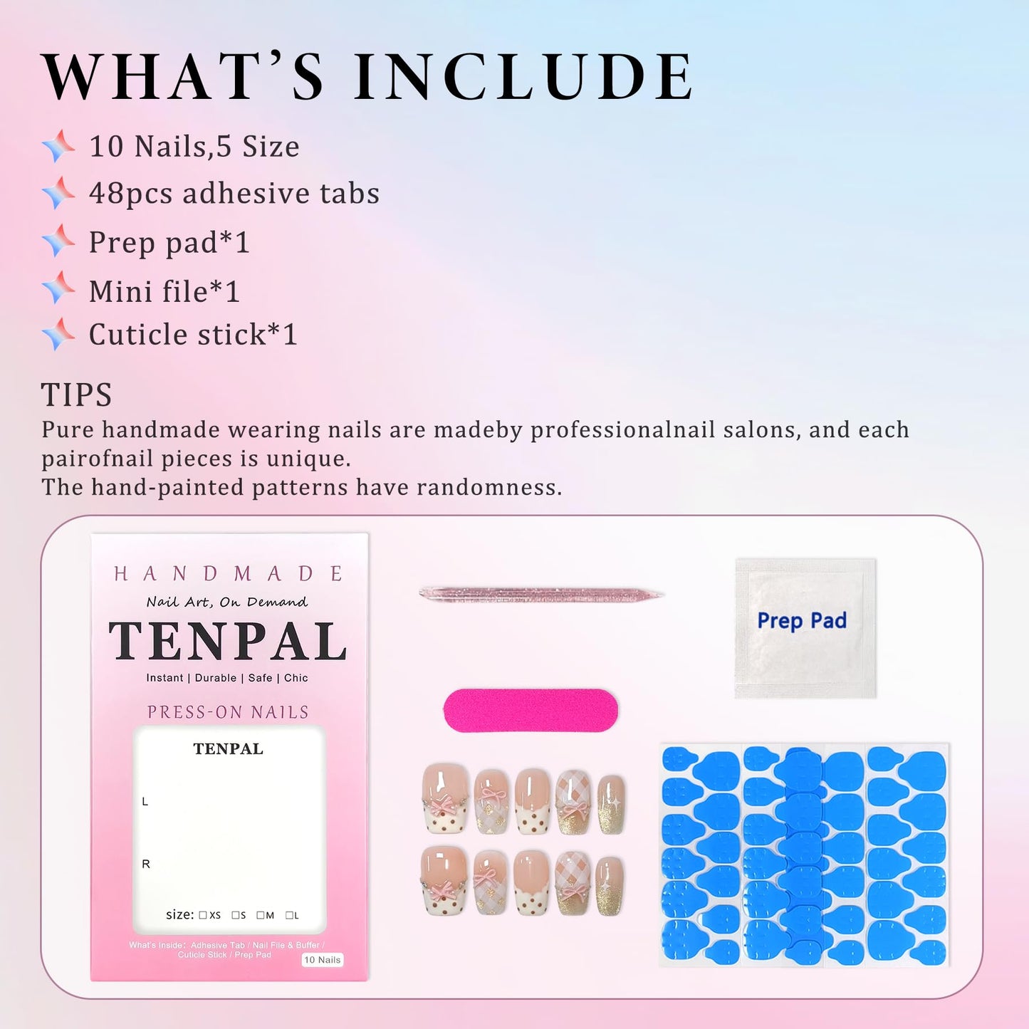 TENPAL 10Pcs Y2K Short Medium Coffin Press On Nails With Tools Kit,Light Pink Cat Eye French Fake Nails with Dot Bow Plaid Pattern,K-Beauty Acrylic Glue on Nails for Wedding Party Daily Wear(M)