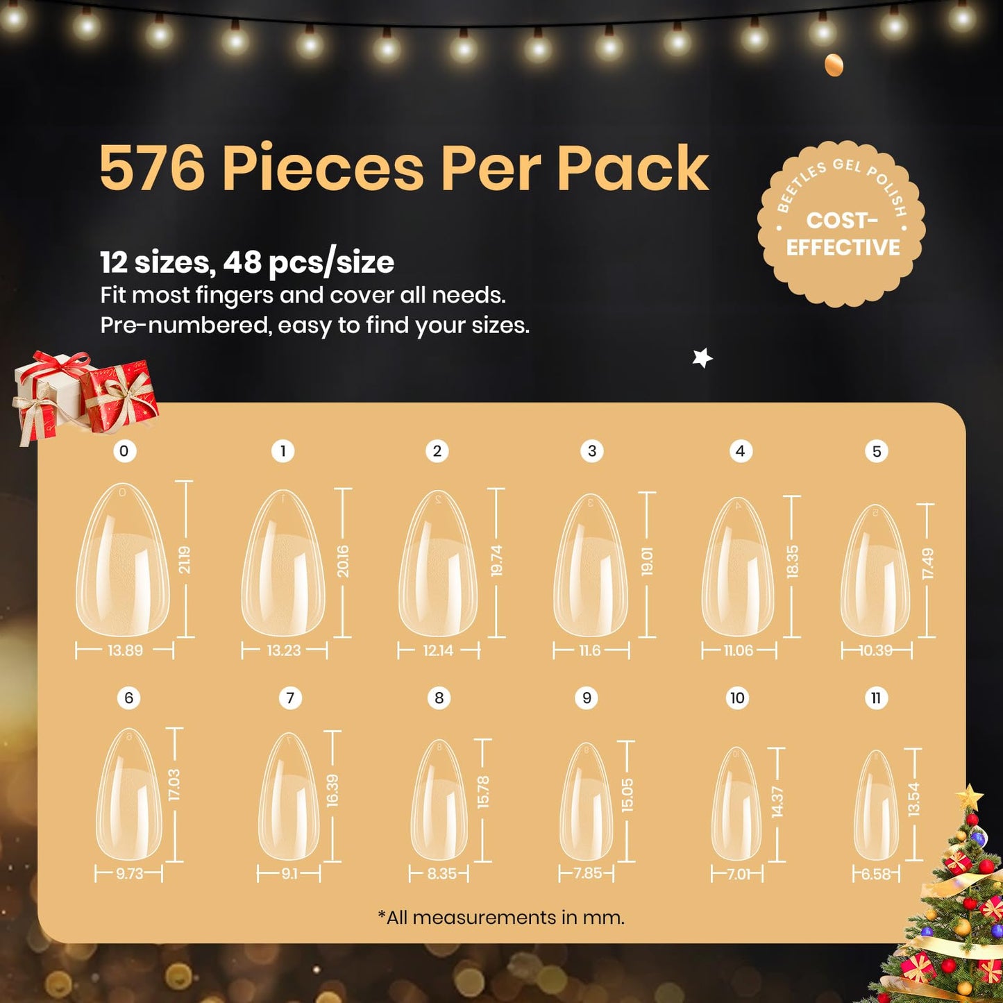 Beetles Gel Nail Tips 576Pcs Pre-shape Short Almond Etch-X Nail Tips,12 Sizes Soft Acrylic False Nail Tips Half Matte Full Cover Easy DIY Press On Nail Extensions Art Salon Gift Set for Women