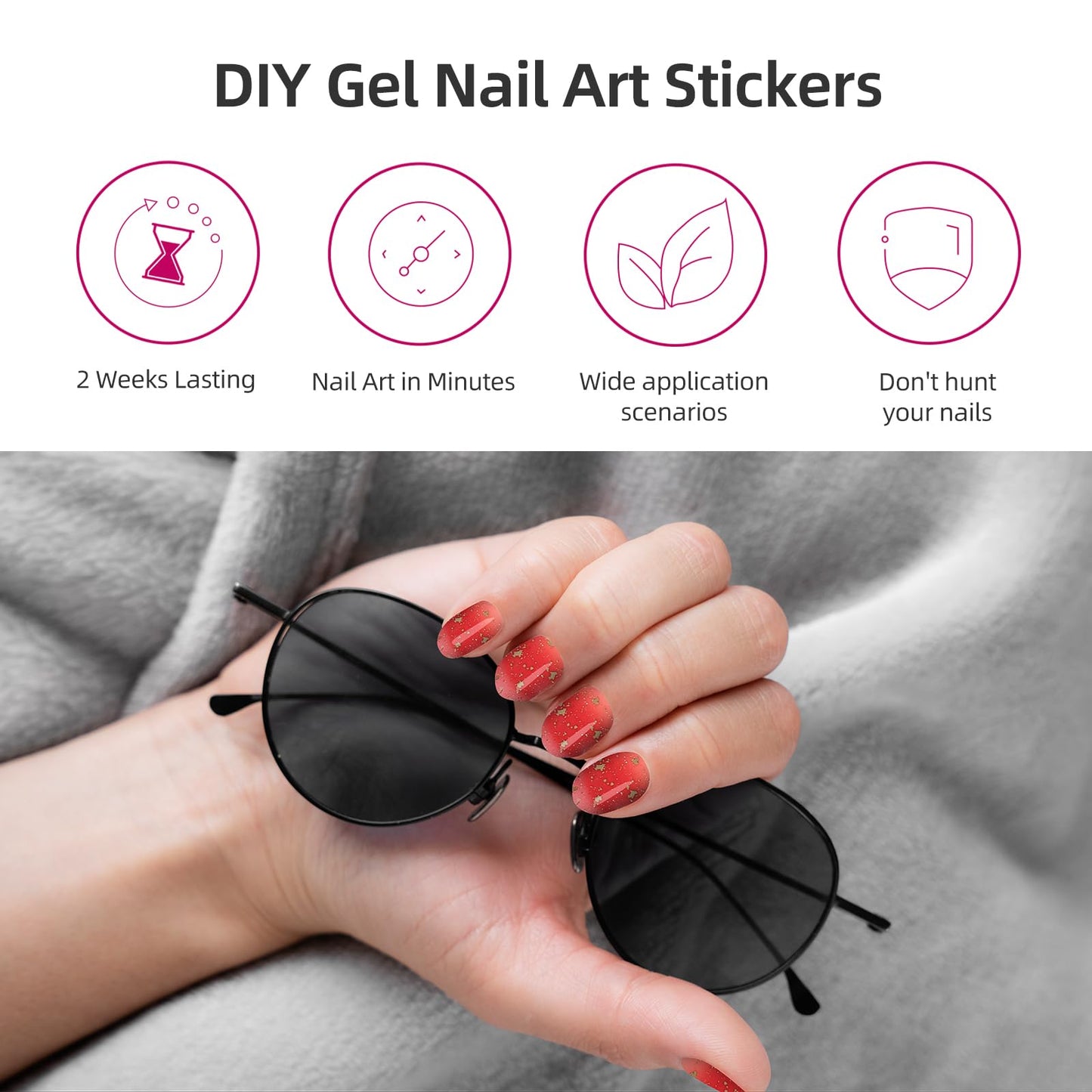 DUKASOU Semi Cured Gel Nail Strips, 56Pcs Red New Years Nail Art Stickers/Wraps, Long Lasting UV Nail Polish Strips for Adults(Red Foil+Caramel)