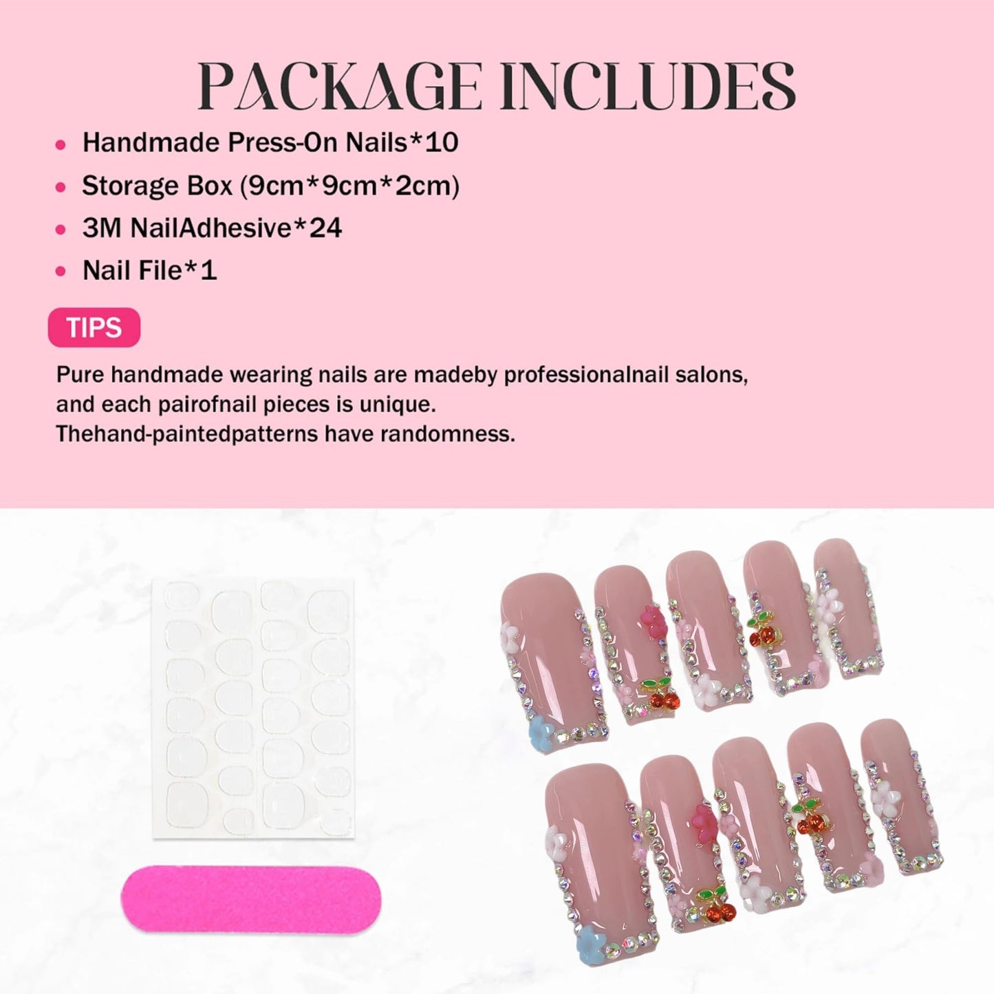 Qicaijia 10Pcs (Size M) Long Square Handmade Press On Nails - Pink Glossy Acrylic Fake Nails with 3D Cherry Rhinestones for Women’s Manicure