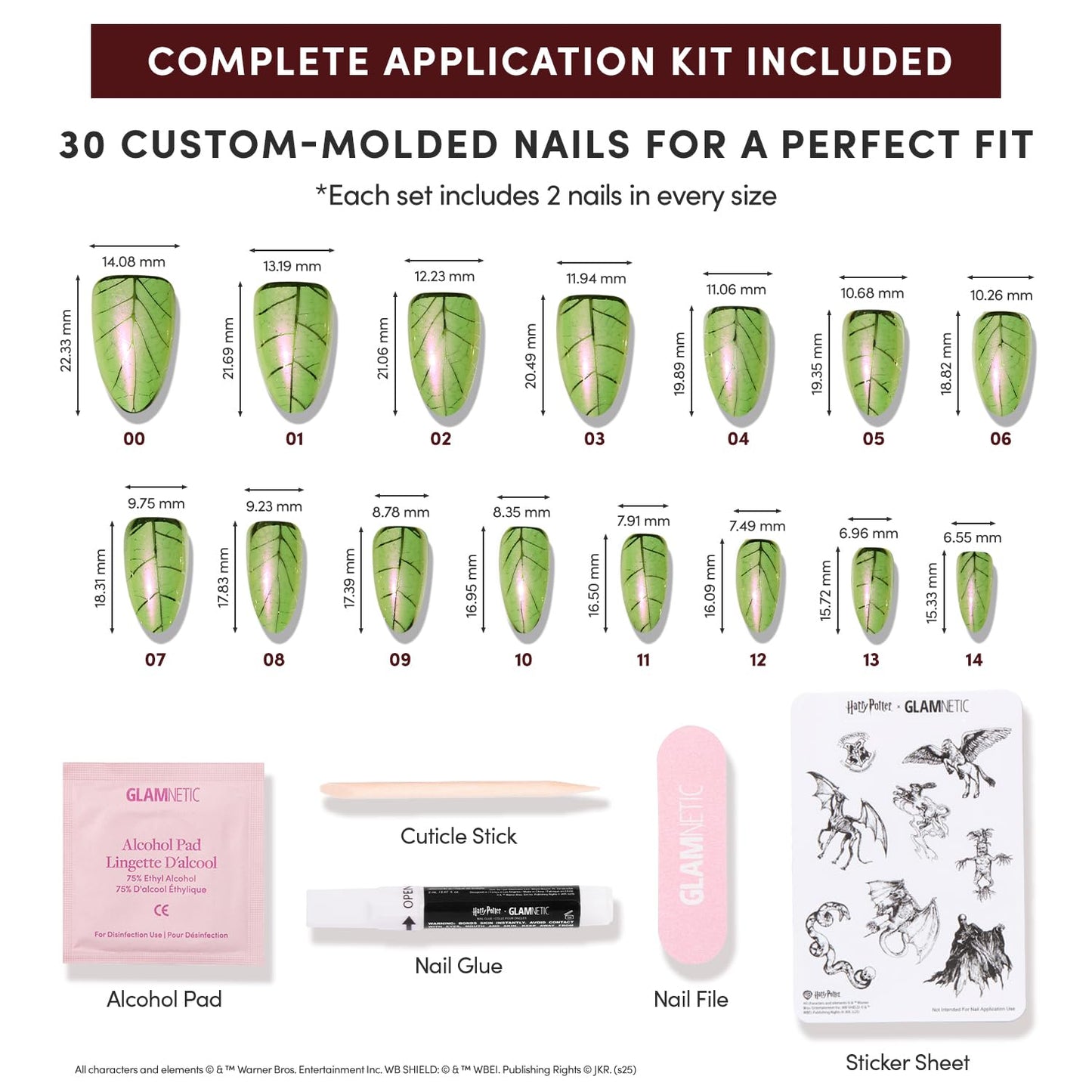 Harry Potter™ x Glamnetic Press-On Nails Bundle - Harry Potter™, Dementor™, Unicorn Blood, Mandrake & Lumos | Short Almond Fake Nails with Black French Tips, Glasses & Hidden Lightning Details | Mediu