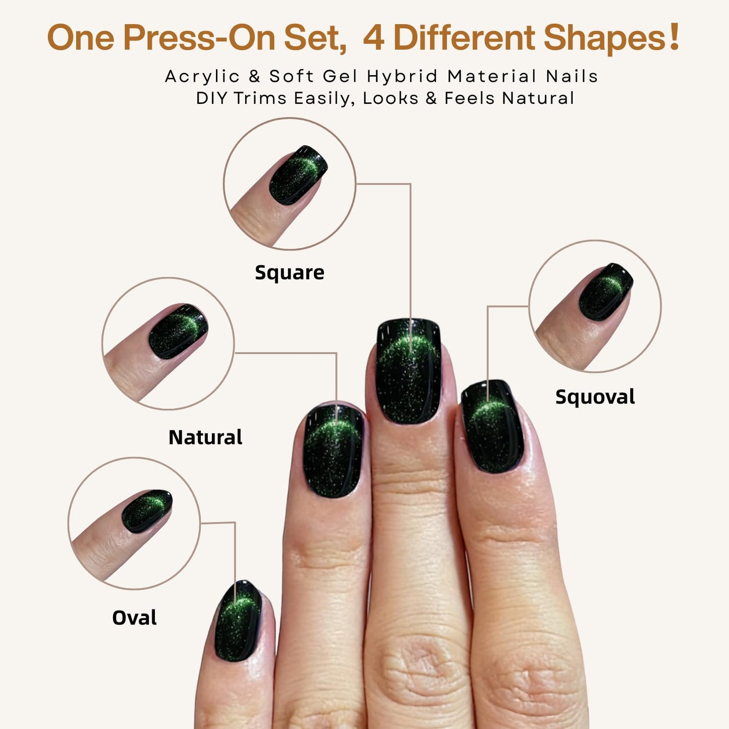 SnypeeLab Press on Nails Short Square, Green Cat Eye Nails, Glue on Nails Short, Football Nail, French Tip Smile Line Cat Eye Nails, Reusable, Acrylic 30Pcs(Green)