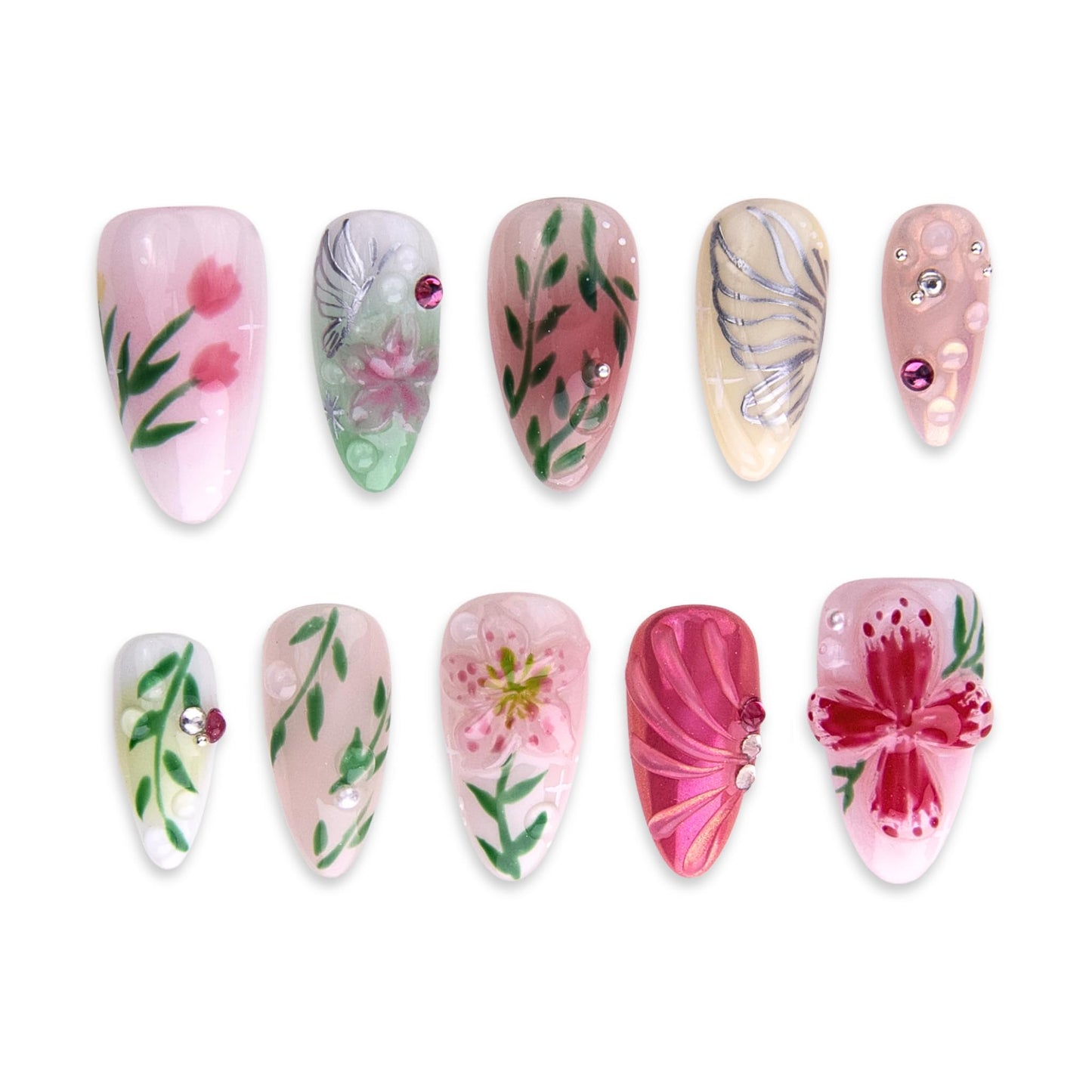 SIYOU Beauty | Radiant Garden | Pink and Green Floral Short Almond Press On Nails for Women (Small) - Reusable, Salon-Quality Fake Nails (10pc)
