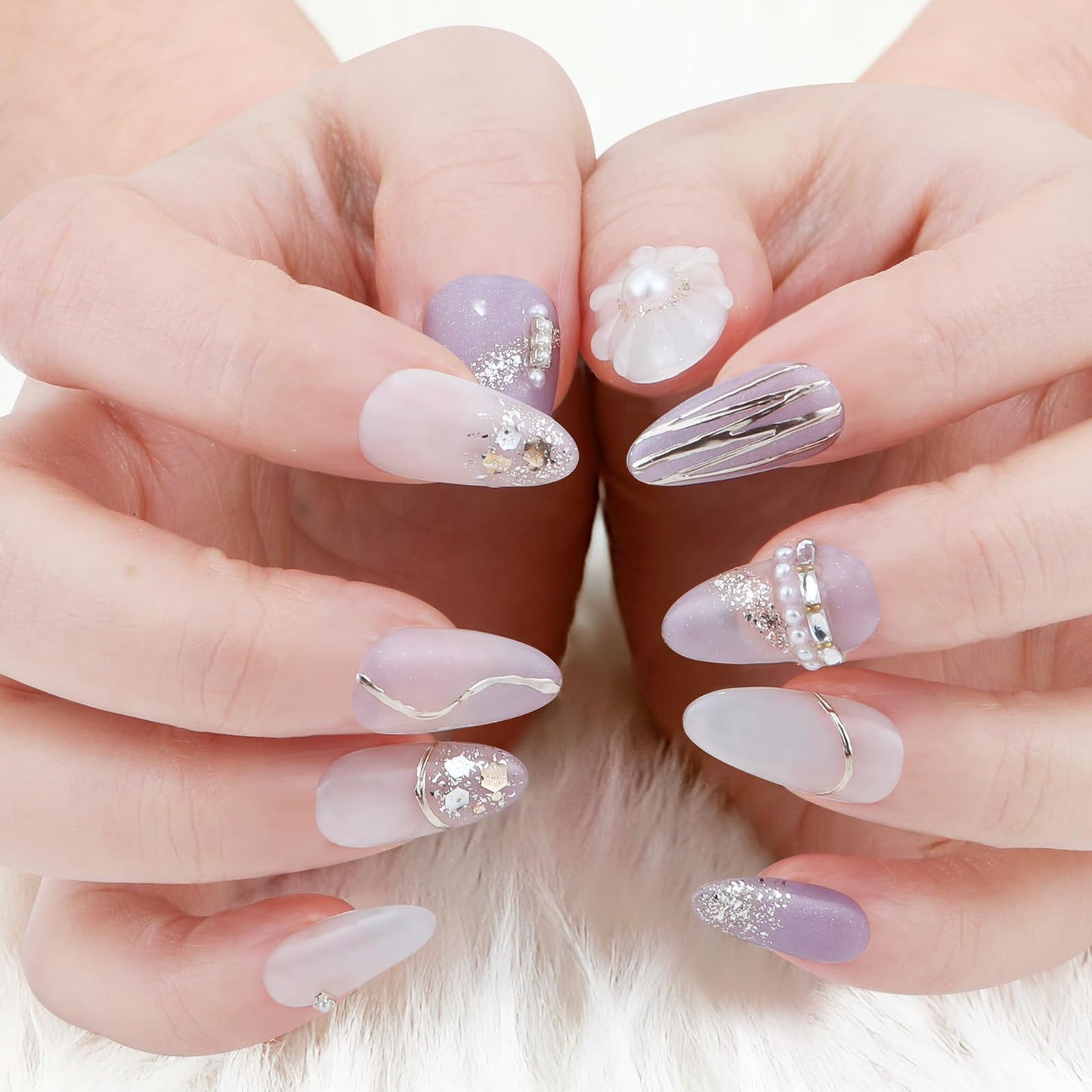 Yacey Handmade Press on Nails Short Almond, Reusable False Nails Press Ons, Purple Thick Acrylic Fake Nails with Silver Line Pearl, 3D Artificial Bling Glossy Glue on Nails for Women Girls (10 Pcs, M)