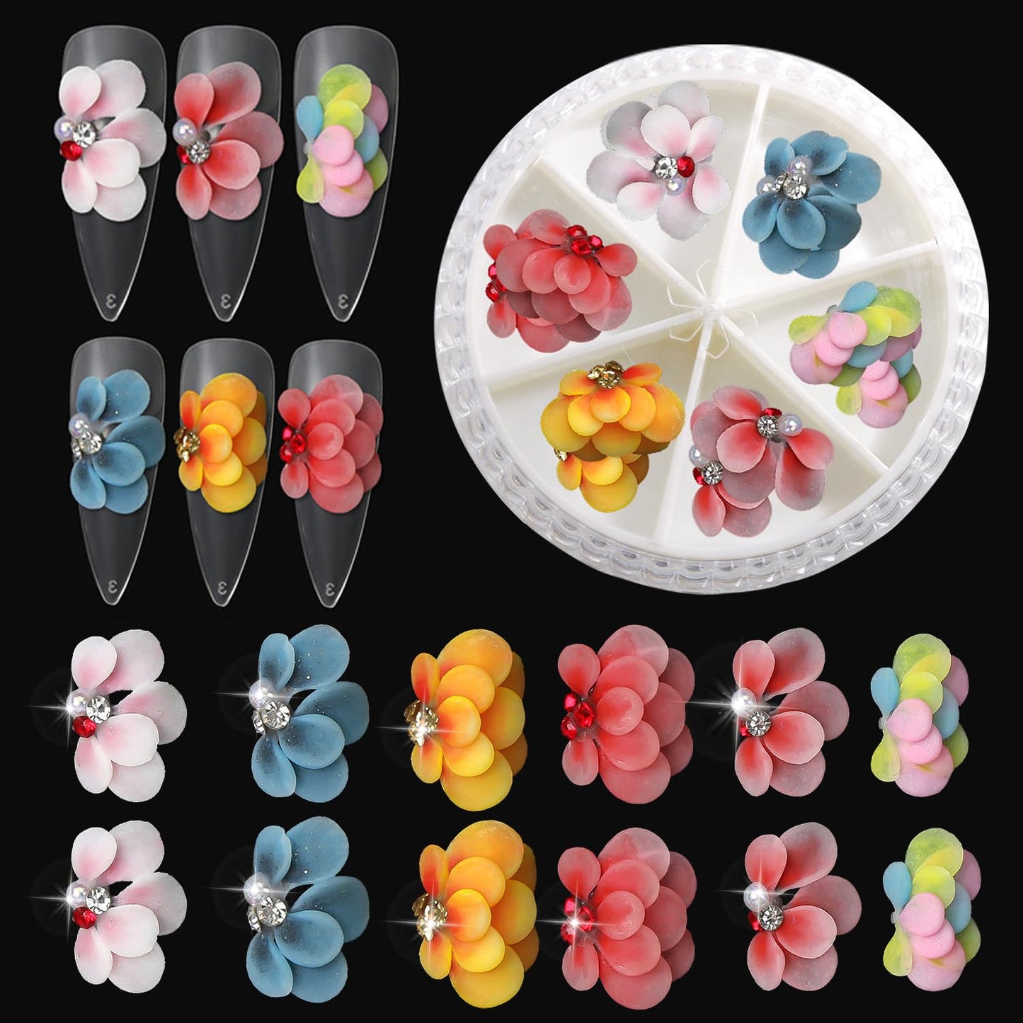 DANNEASY 12pcs 3D Flower for Nails Simulation Flowers Nail Charms Acrylic Nail Art Flowers with Pearls Rhinestones Charms for Nails Decor Resin Nail Decoration Craft Accessories