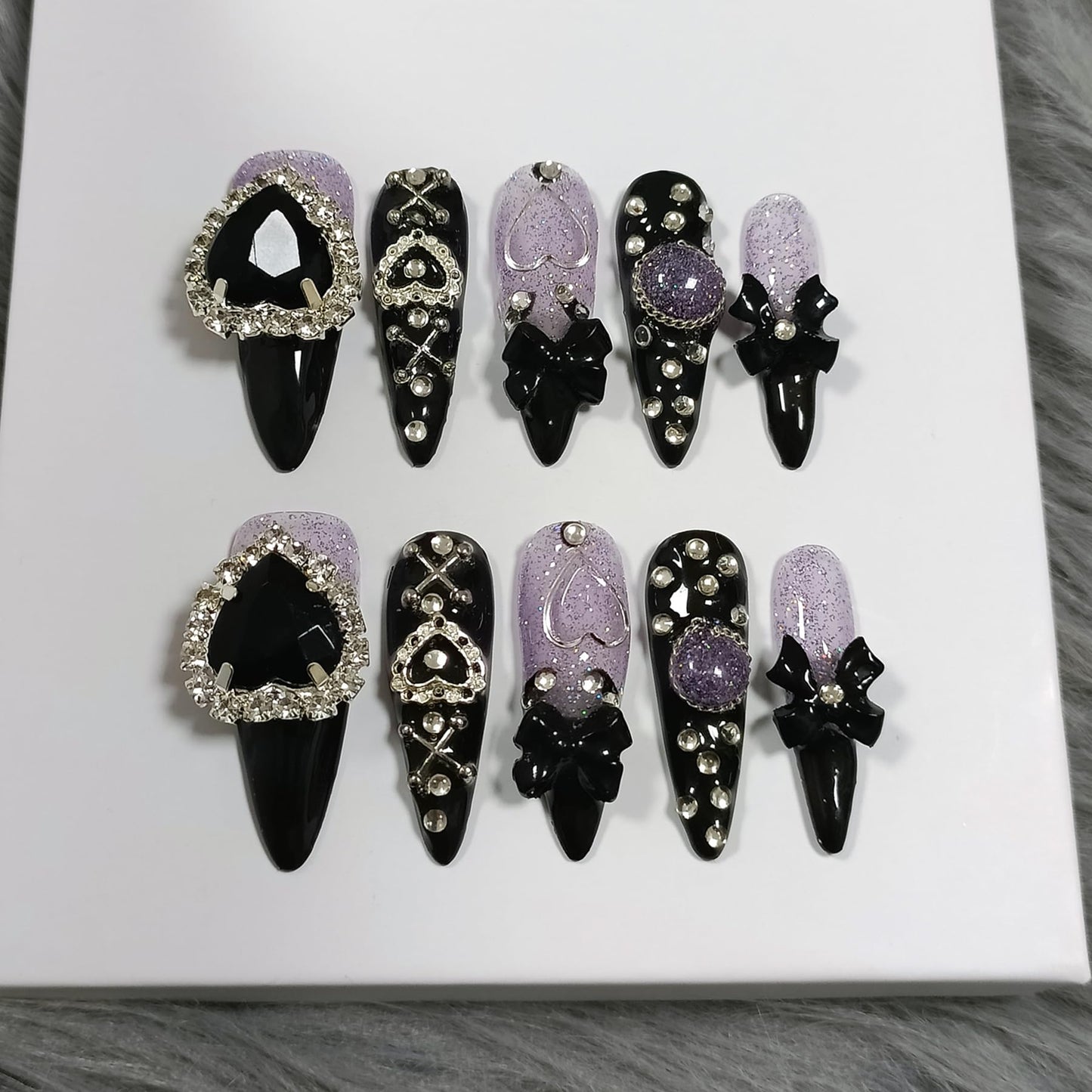 TENPAL Glam Punk Press on Nails Stiletto Almond Long,3D Heart Rhinestones&Metal Chains Designs,Black Glitter Purple Chrome Nails with Full Cover Micro Gems,Y2K Edgy Girly Streetwear Nails,10pcs XS