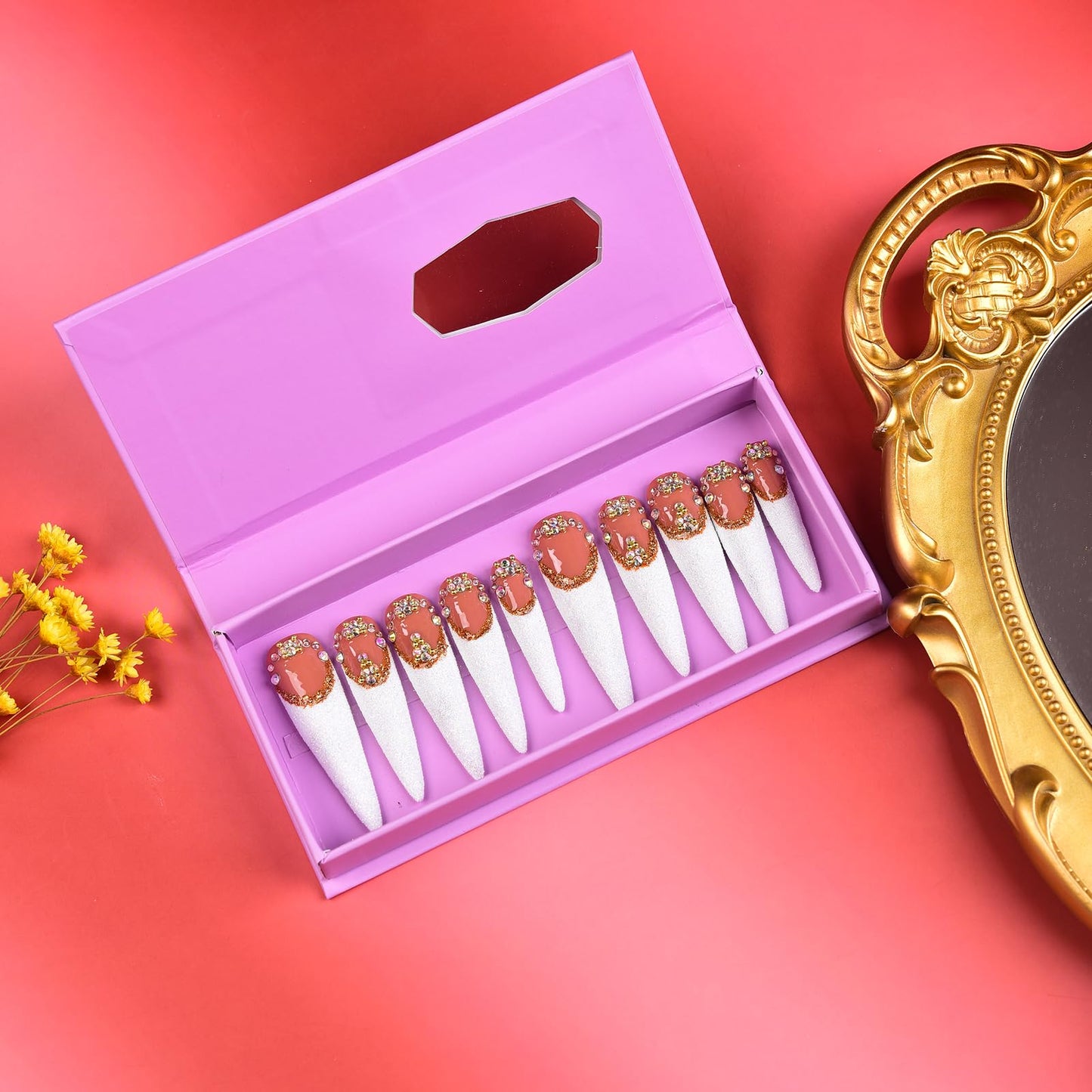 Tmani 10pc/set Extra Long Handmade Press On Nail Hot Girl's Long Ballet Nails Pointed Nail Full of Diamond Glitter Decoration Fake Nails Suitable For Girls Festival Parties and Birthday Gift（143,S)
