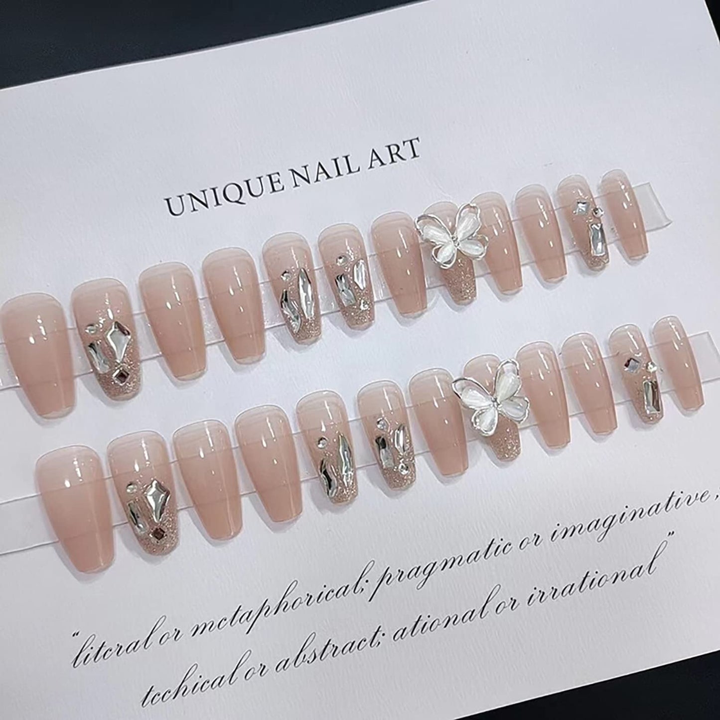 24Pcs Artificial Acrylic Fake Nails With Butterfly Rhinestone Designs, Press on Square Medium Length, Full Cover Reusable Coffin False Set, Women Glue on for Nail Art