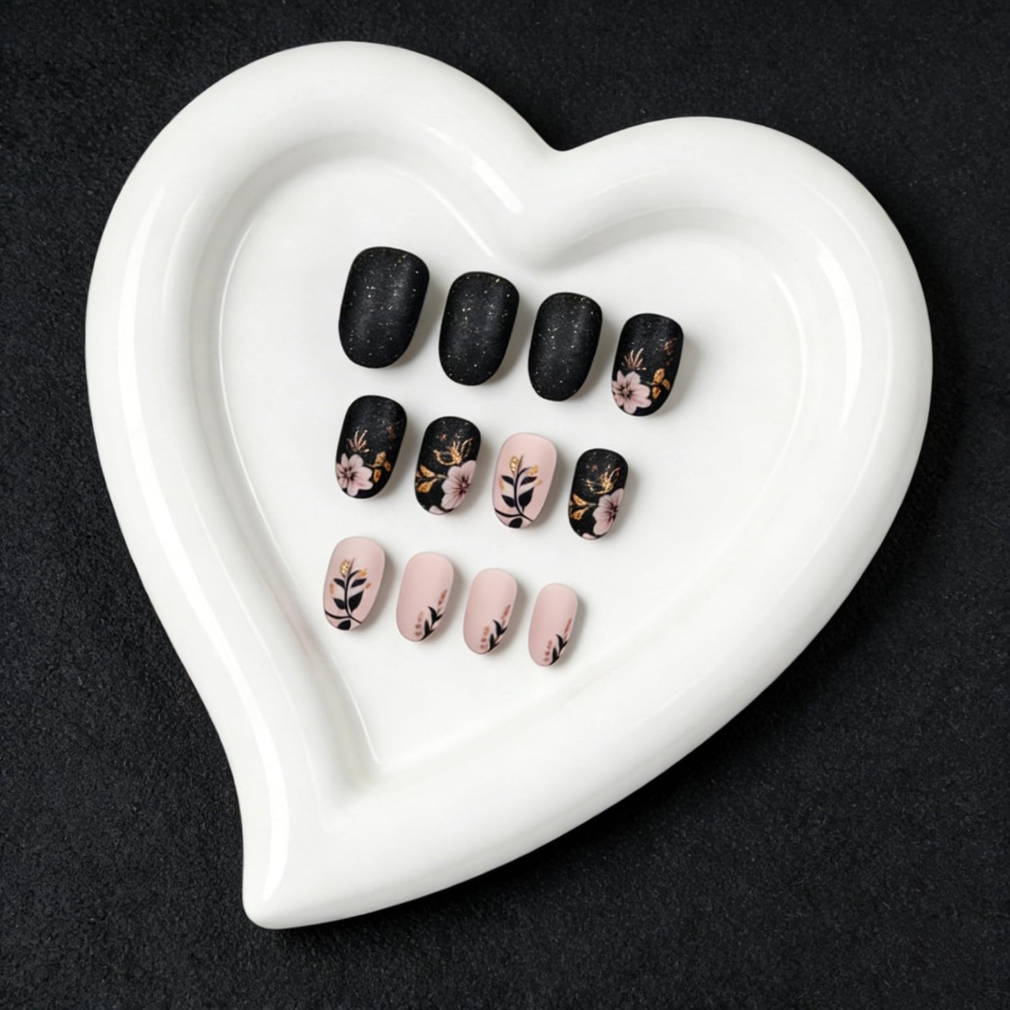 Short Press on Nails Almond Fake Nails with Flower Leaves Design Spring Floral False Nails Full Cover Acrylic Nails Matte Black Pink Glue on Nails Cute Stick on Nails for Women Manicure Decorations