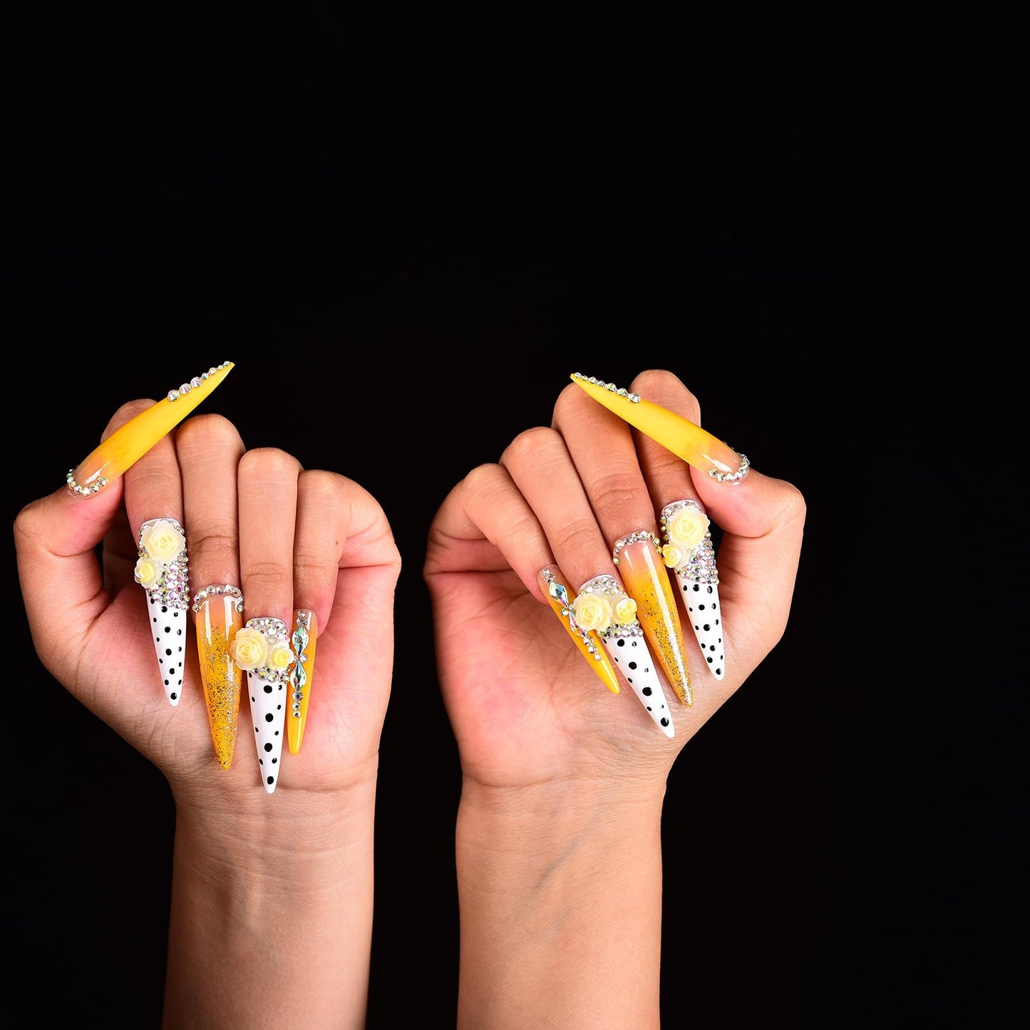 Tmani 10pc/set Extra Long Handmade Press On Nail Hot Girl's Long Ballet Nails Pointed Nail Full of Diamond Glitter Decoration Fake Nails Suitable For Girls Festival Parties and Birthday Gift (265,M)