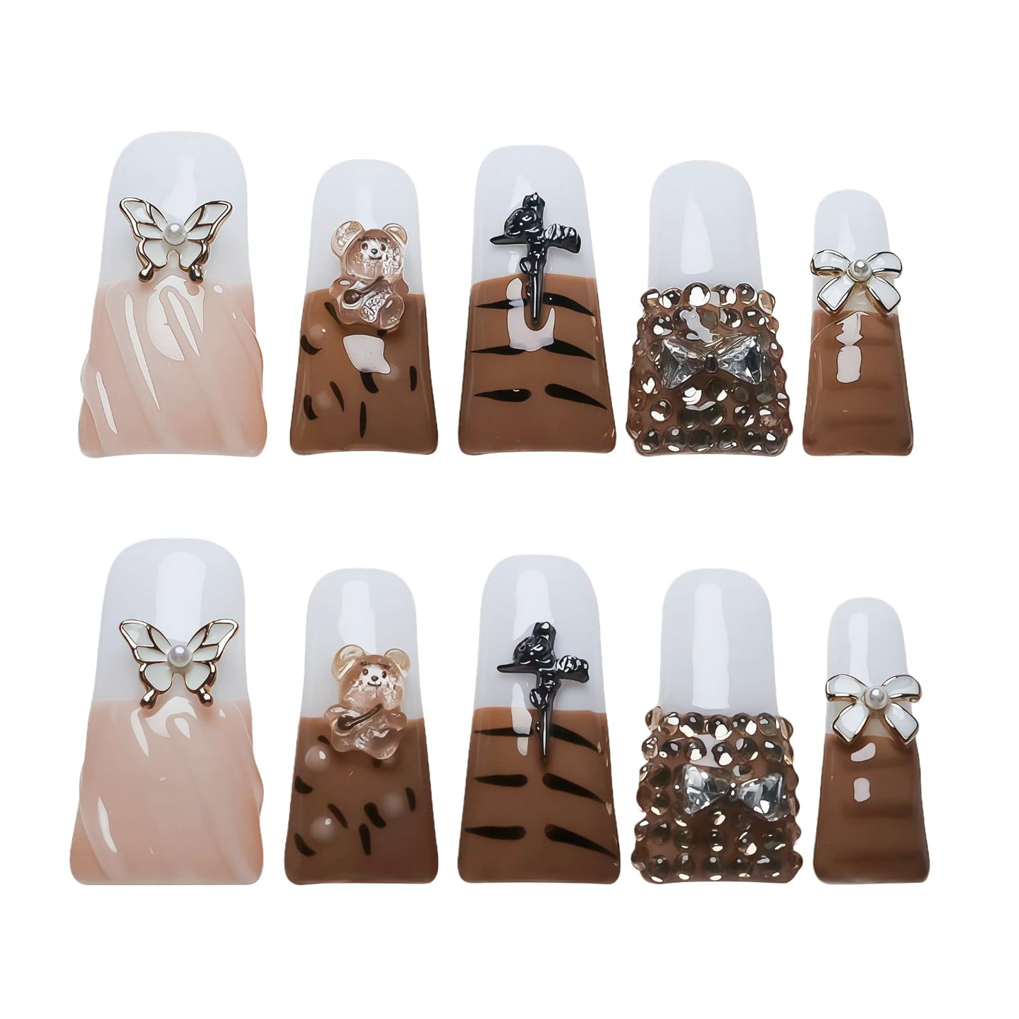 Tesytto Press On Nails Long Duck, Handmade French Tip Fake Nails with 3D Butterfly, Bear, Tiger Stripe, Rhinestone Bow & Rose Cross Charms, Sweet Edgy Acrylic Nails (Diamond Tiger Pattern, M)