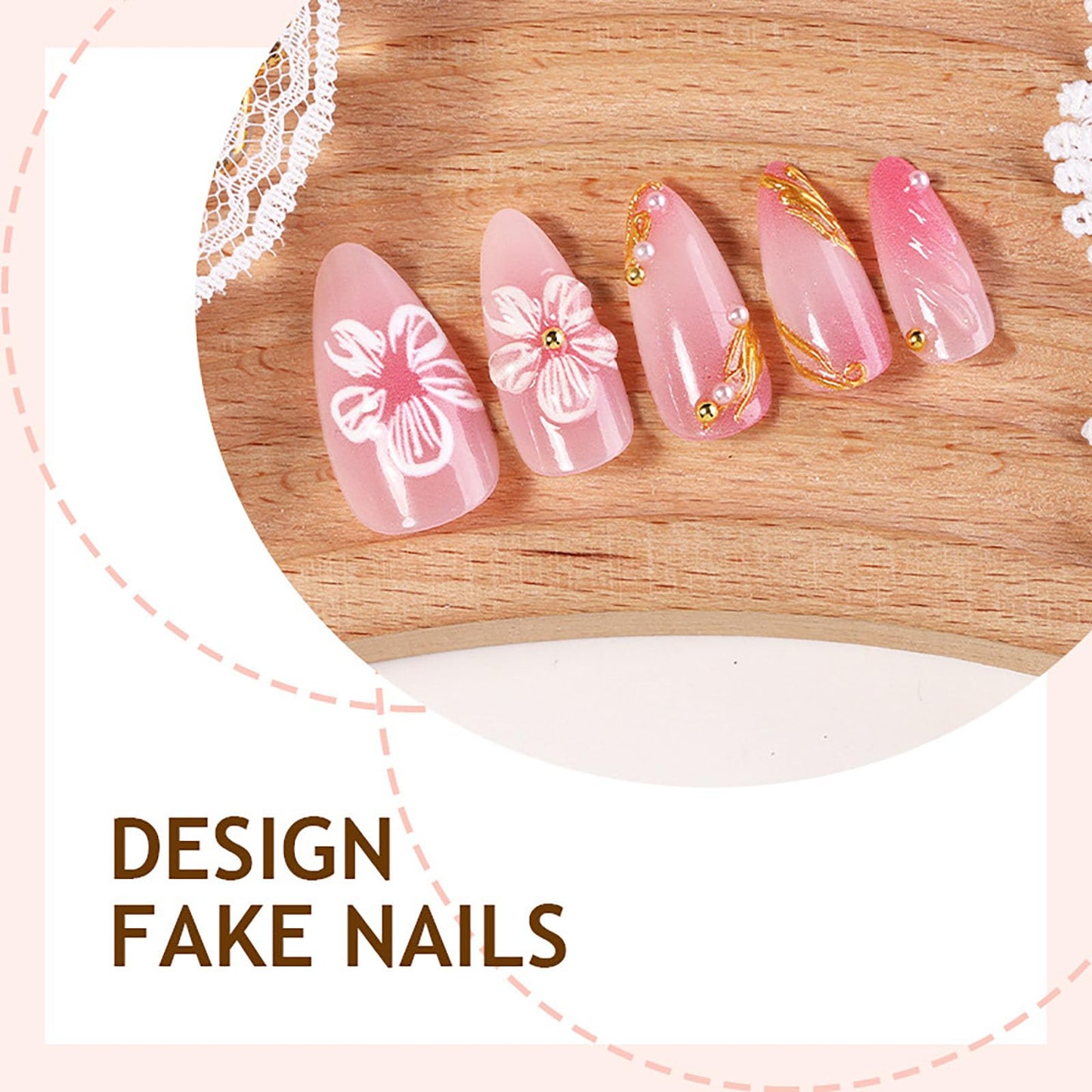 RUOKEXIN Almond Press on Nails Pink Ombre Fake Nails Gold Glitter False Nails with Flower Designs Medium Nail Press ons Sparkly Artificial Nails for Women 24Pcs