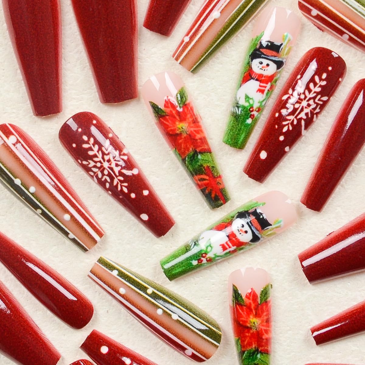 Christmas Long Press on Nails Snowflake Holly Fake Nails with Green Stripe Designs Snowman Winter Coffin Shaped False Nails for Women Xmas Glue on Nail Full Cover Reusable Stick on Nail