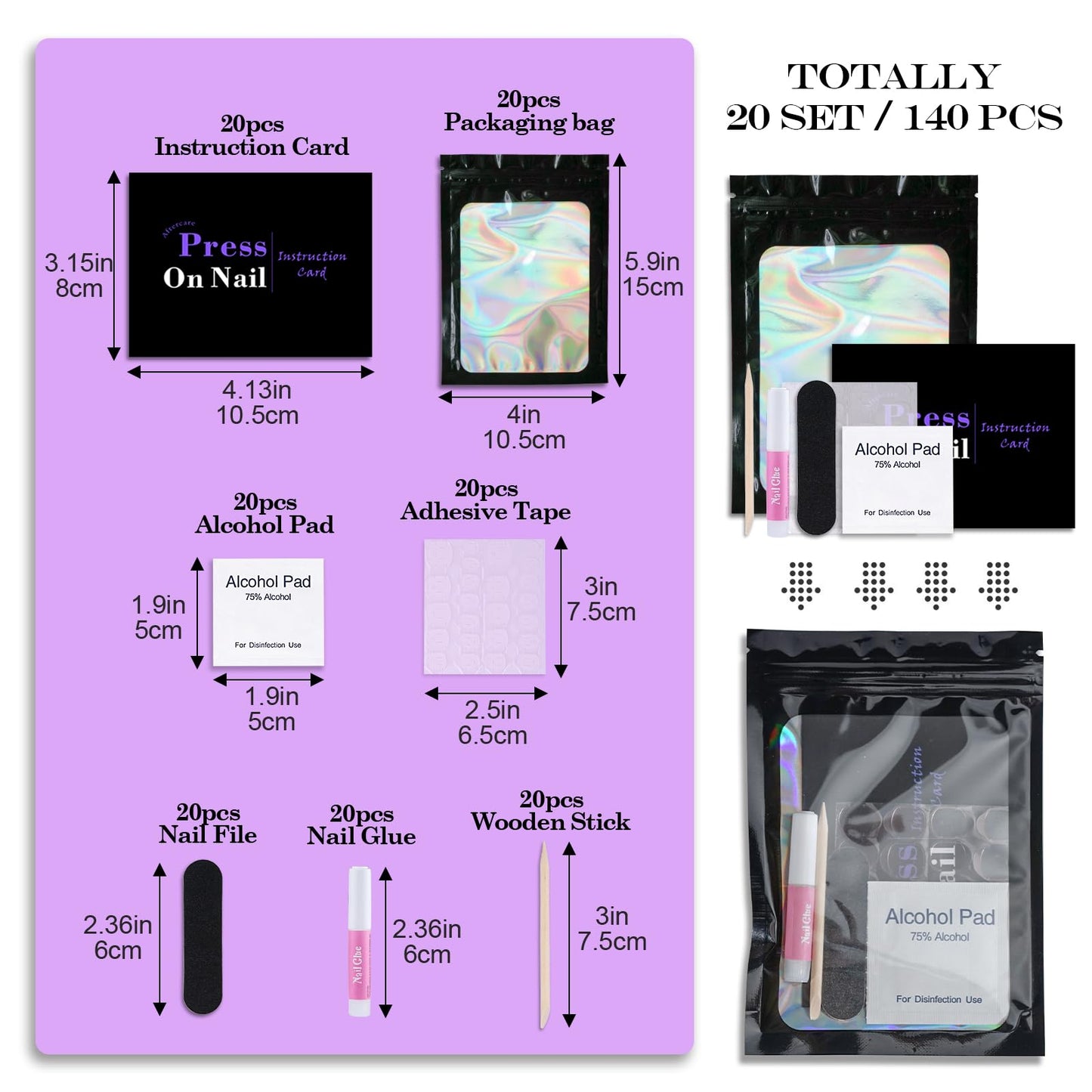 Disposable Nail Supplies Kits,Professional Manicure Press On Nail Tool Kit With Nail File,Adhesive Tabs,Nail Glue,Sticks, Prep Pads,Bags,Cards for Nail Business(Black-140pcs20set)