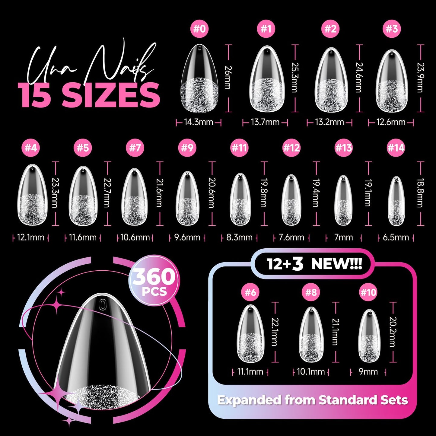 UNA GELLA Almond Nail Tips 360Pcs, 15 Sizes No Filing Needed Soft Gel Medium Almond Nail Tips Clear Full Cover, Pre-Etched Fake Nails, Soak Off Acrylic Extensions for DIY Manicure