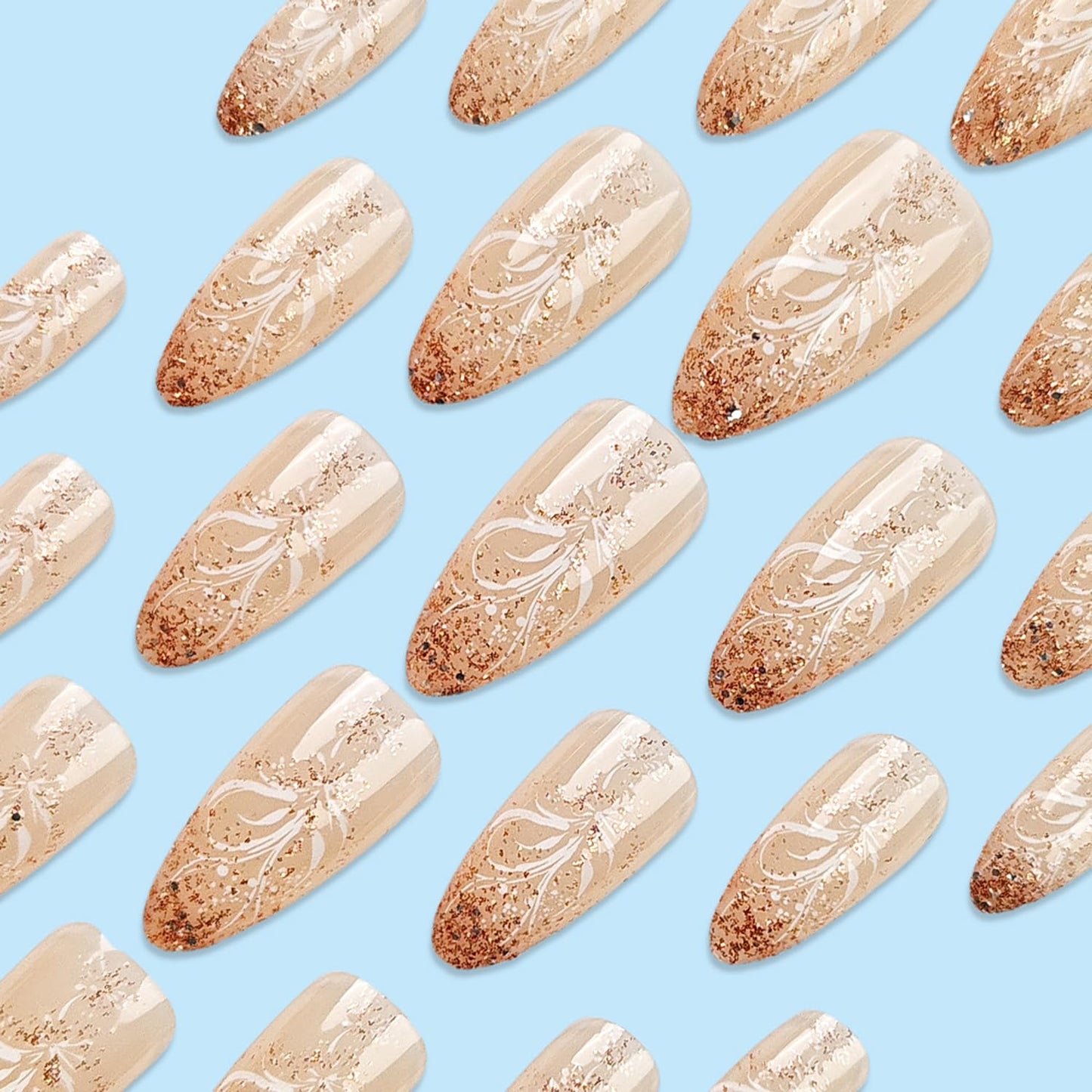 CJDLTS Press on Nails Medium Almond Shaped Flower False Nails Glitter Powder Design Full Cover Nude Stick on Nail Artificial Acrylic Press Ons French Tip Glue on Nail for Women Manicure Art 24Pcs